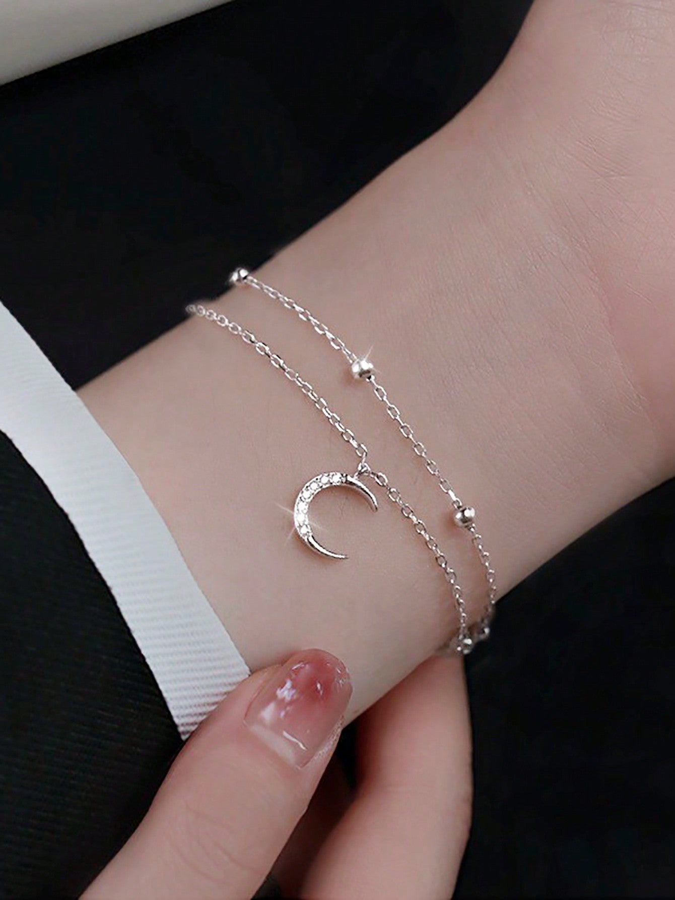 1 Pc Elegant Fashion S925 Sterling Silver Double Layered Moon  Bracelet Gift For Girl/Women/Girlfriend/Mother-Silver-1