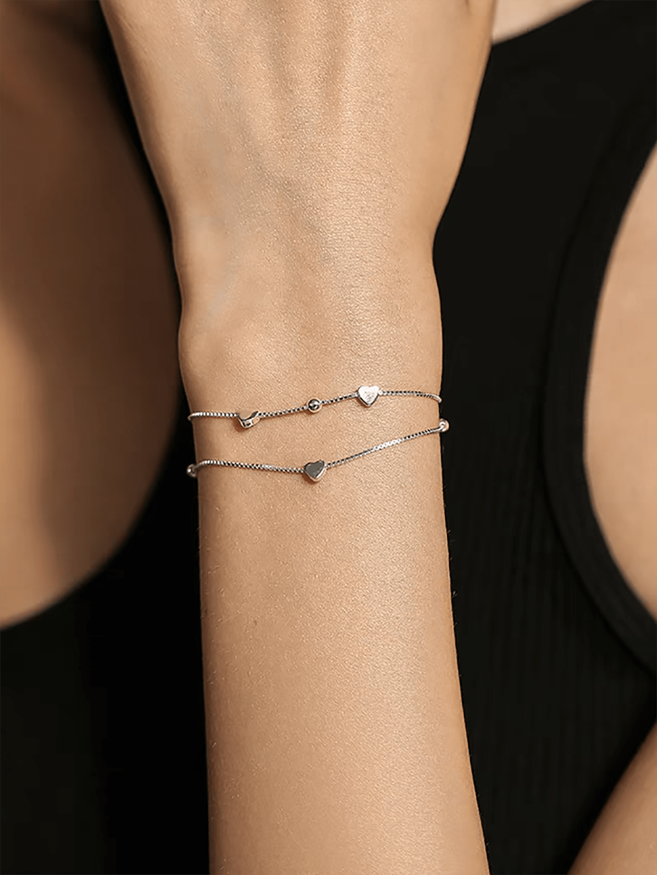 1 Pc Elegant Fashion S925 Sterling Silver Double Layered Heart-Shaped  Bracelet Gift For Girl/Women/Girlfriend/Mother-Silver-1