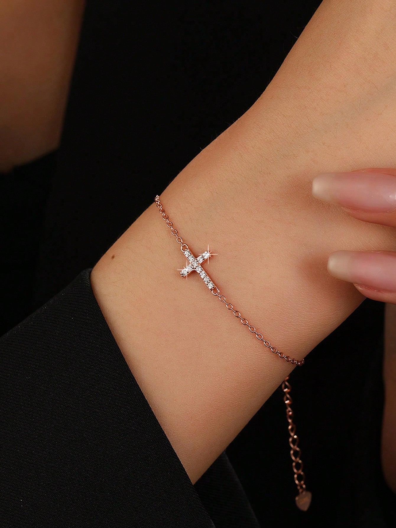 1pc Pure Silver S925 Gold-Color Cross Decorated Women'S Bracelet, Fashionable And Versatile Jewelry Gift For Women-Rose Gold-1