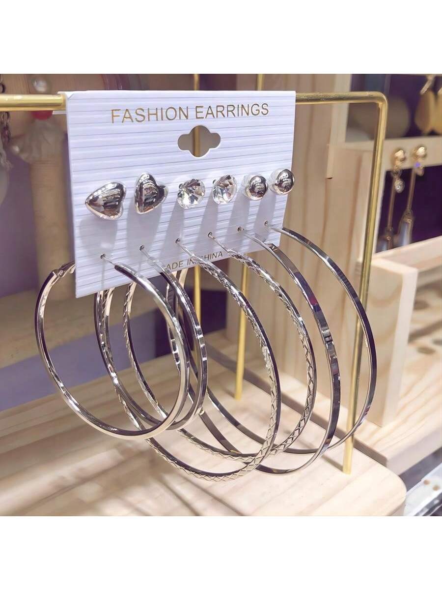 European And American Exaggerated Fashionable 6pairs/Set C Design Hoop Earrings And Stud Earrings Combo, Personality Ear Accessory--1