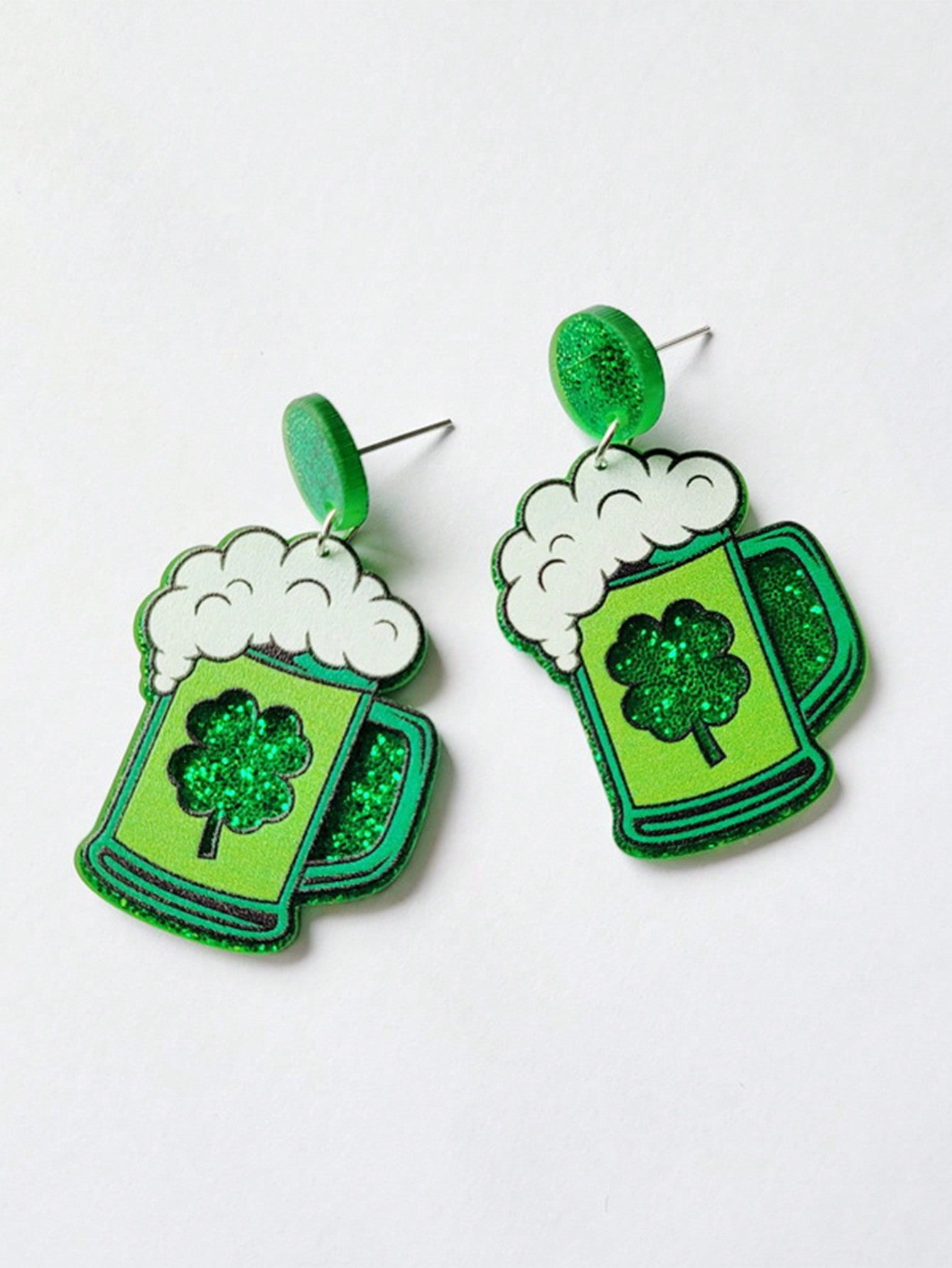 2pcs Green Irish St. Patrick'S Day Beer Mug Earrings With Glitter Shamrock Acrylic Earrings For Women-Multicolor-1