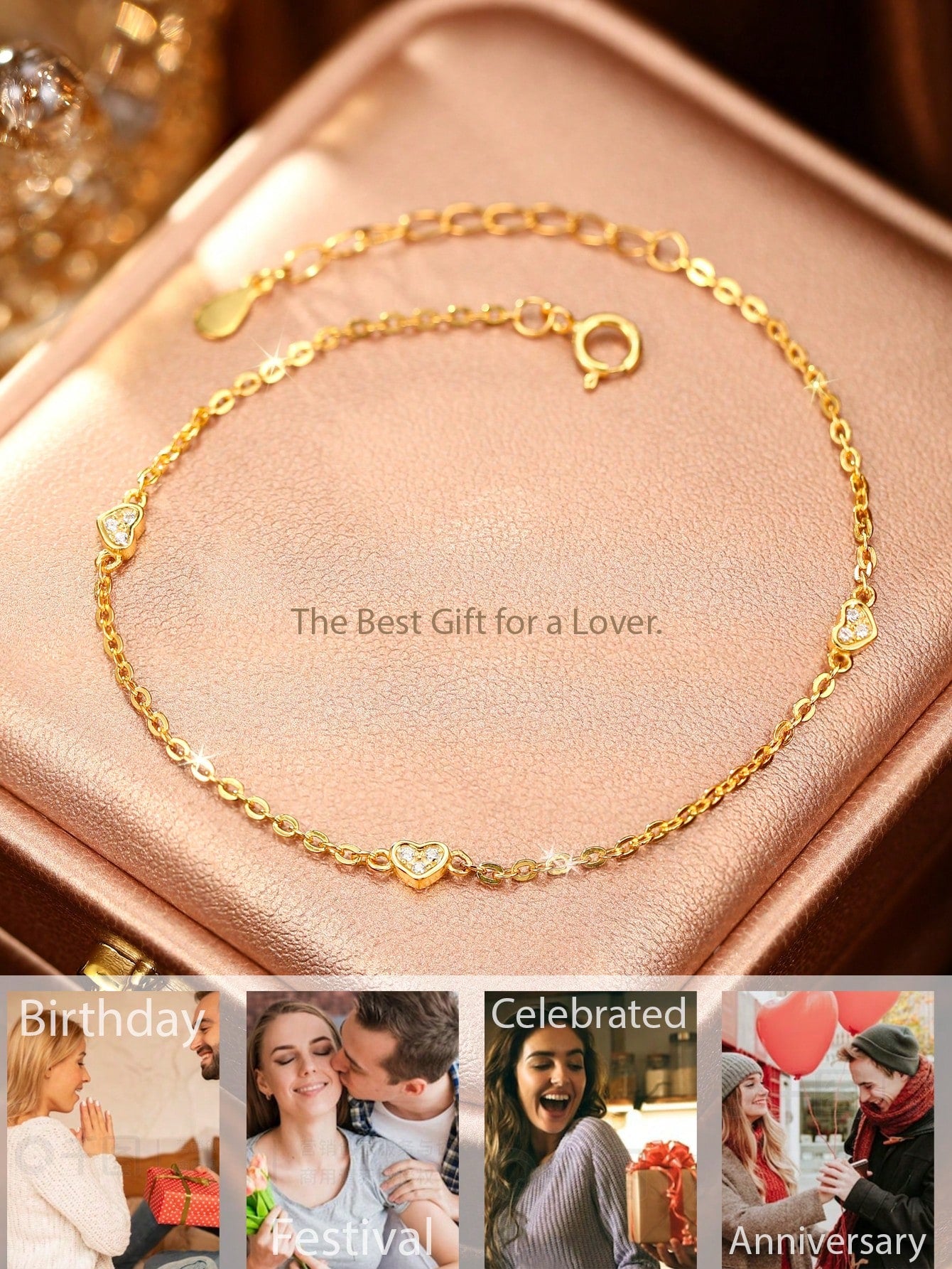 1pc Fashionable Minimalist Heart Shaped Sterling Silver Bracelet With Shiny Gemstones, Handmade, Comes With Gift Box, Perfect For Girlfriend, Anniversary, Jewelry-Gold-1