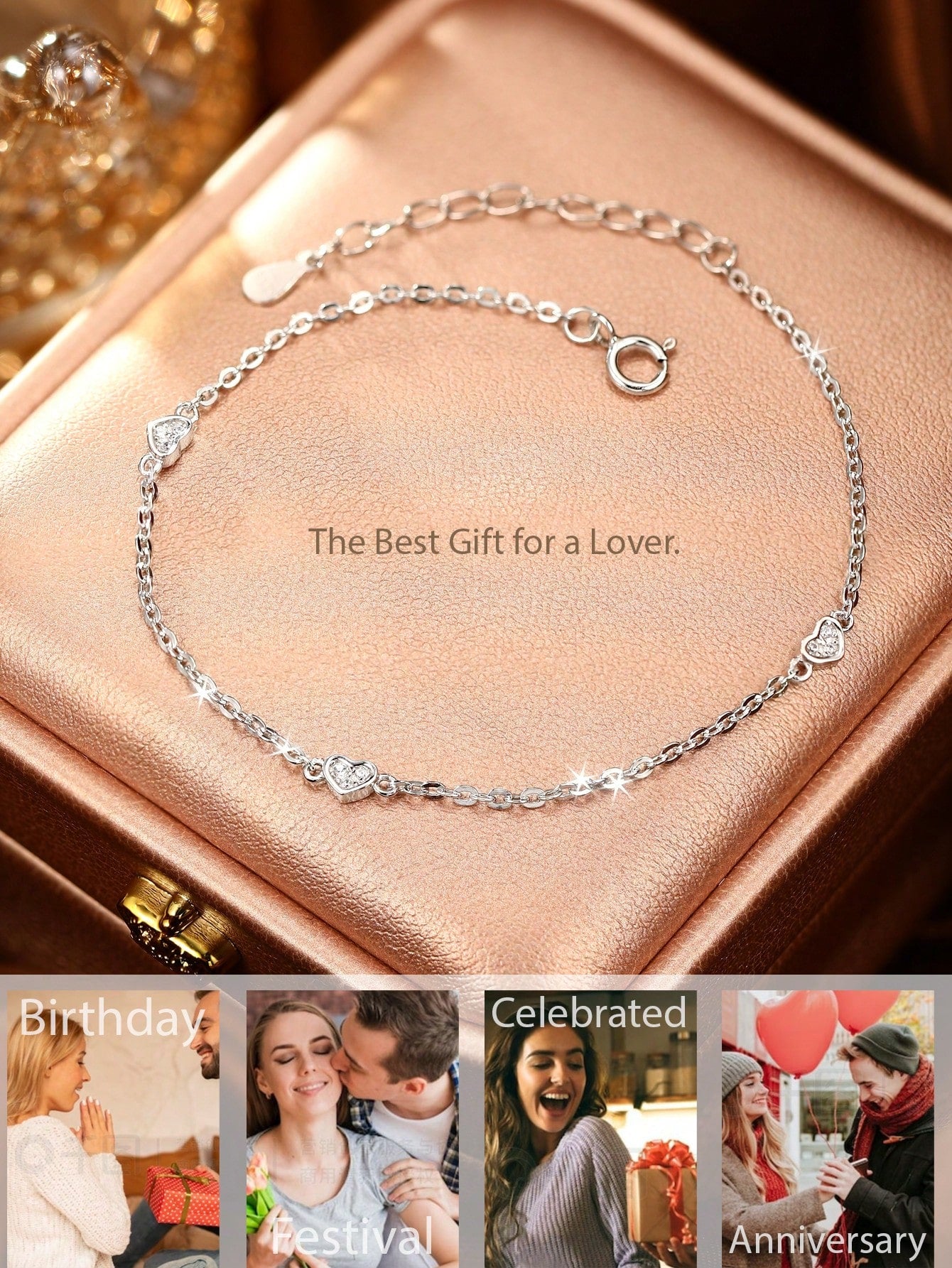 1pc Fashionable Simple Heart Shaped Handmade Sterling Silver Bracelet With Sparkling Gemstone, Comes With Gift Box, Perfect For Girlfriend, Anniversary, Jewelry-Silver-1