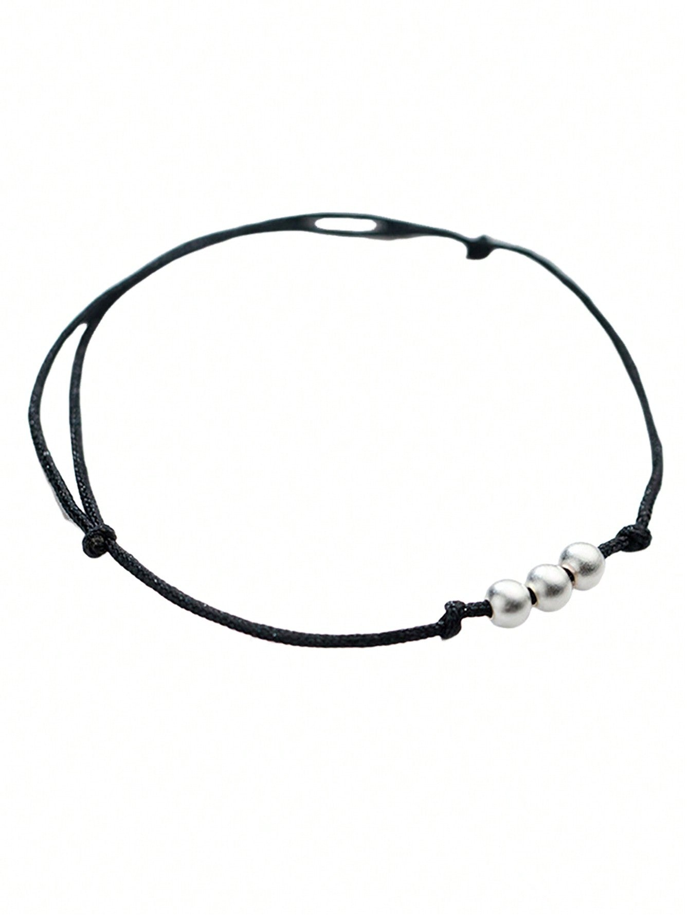 1pc Simple 925 Sterling Silver Beaded Black Braided Bracelet, Adjustable For Diy, Suitable For Both Men And Women, Daily Wear-Black-1