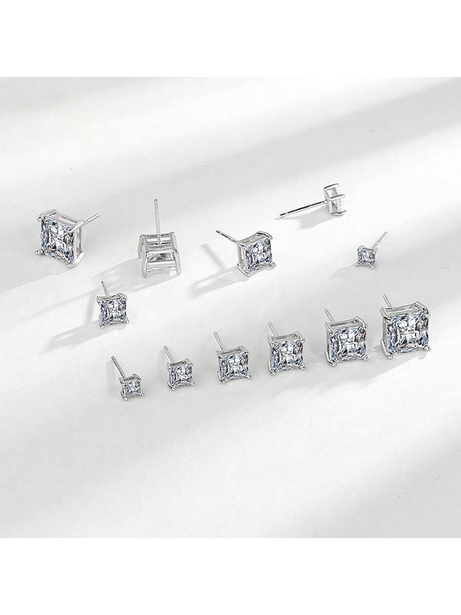 1 Pair Of Stylish And Simple Square Inlaid Earrings, Suitable For Women'S Wedding Parties And Banquets-Silver-1