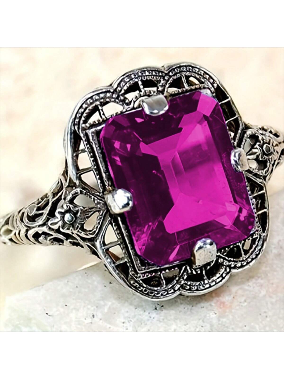 1pc Luxurious Vintage Amethyst Engagement Ring Jewelry For Men And Women-Hot Pink-1