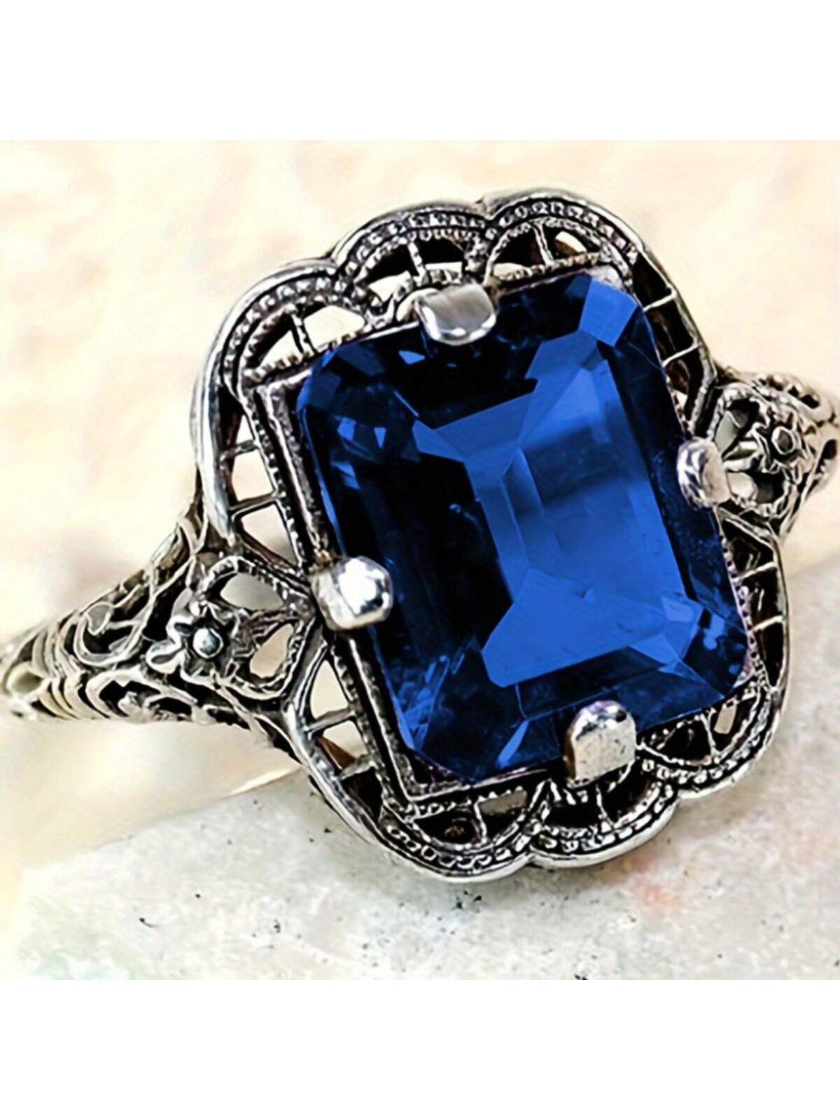 1pc Luxurious Vintage-Style Blue Sapphire Engagement Ring For Men And Women, Jewelry-Royal Blue-1