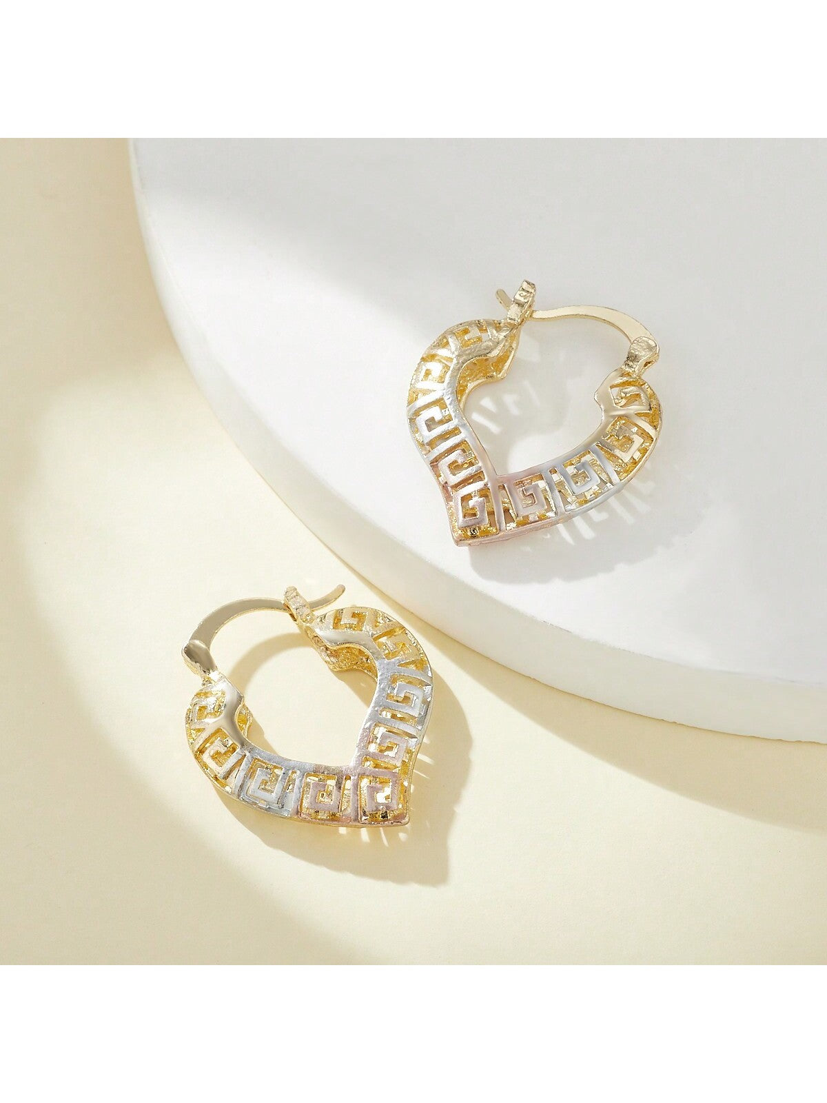 Women'S Tricolor Mini Greek Key Cut Out Heart Hoop Earrings--1