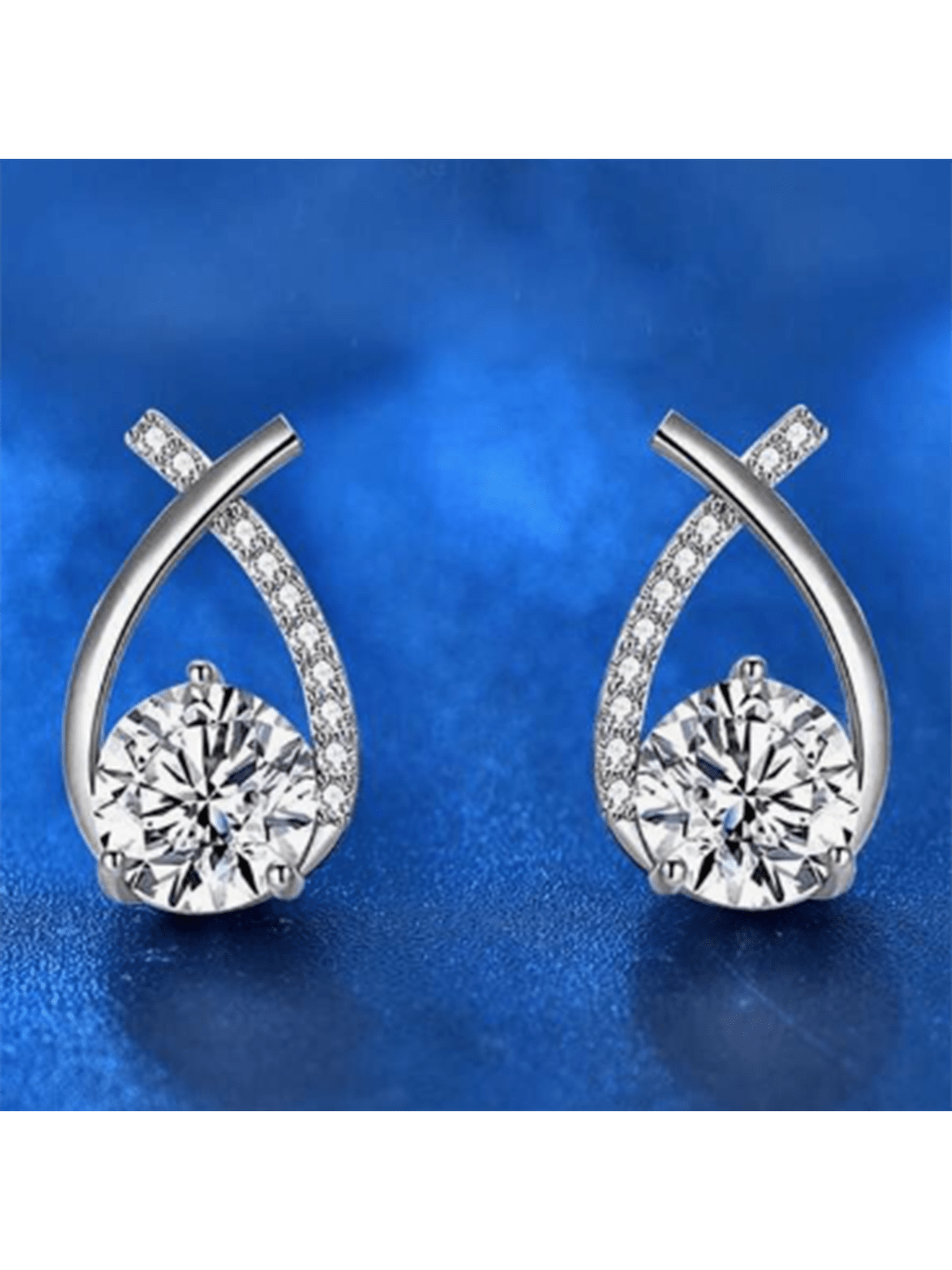 1pair Luxury Style Crossed Water Drop Shape Zirconia Stud Earrings-Silver-1