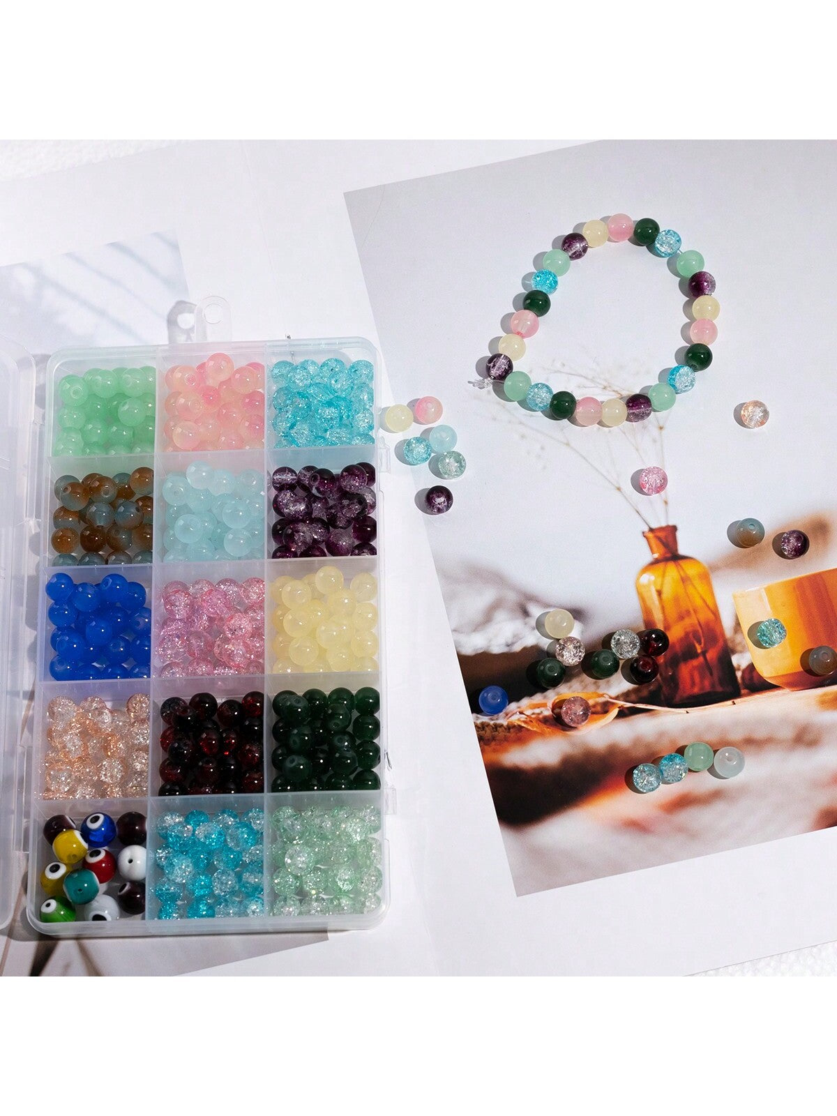 1 Box Of 8mm Broken Glass And 10mm Glasses Beads Diy, 295 Pcs In 14 Colors, Free Elastic Cord-Multicolor-1