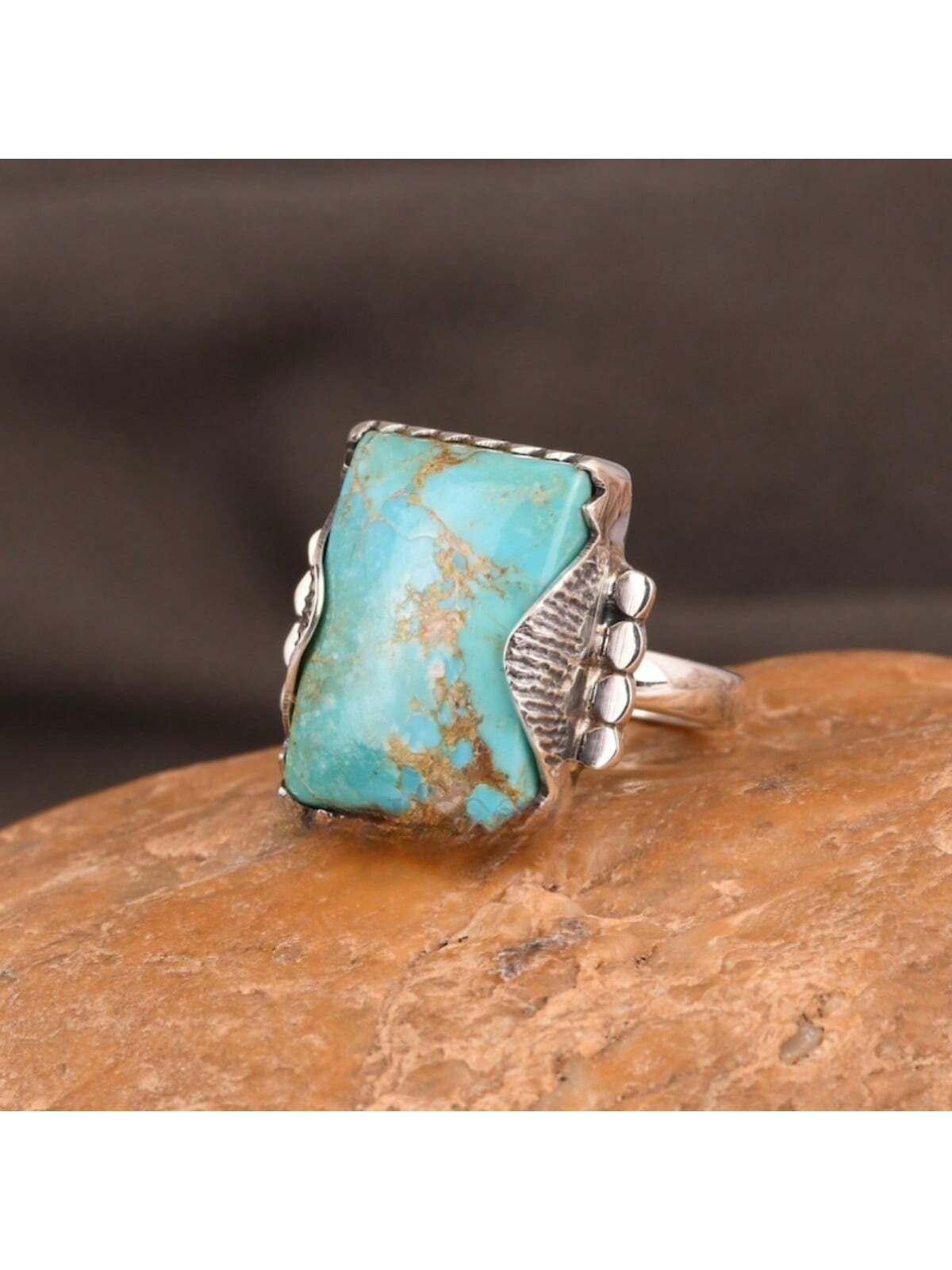 (The Texture Of The Main Stone Is Random) A Vintage & Gorgeous Women's Fashionable Turquoise Ring With A Square Shaped Main Stone, Elegant And Suitable For Engagement, Wedding, Party Jewellery-Blue-1