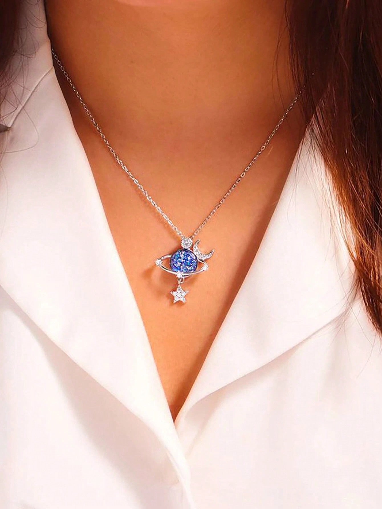 1pc Japanese Style Simple S925 Silver Eight-Pointed Star Design Necklace With Blue Cubic Zirconia Gemstone Detail, Perfect For Women's Daily Outfit  Fine Jewelry-Silver-1