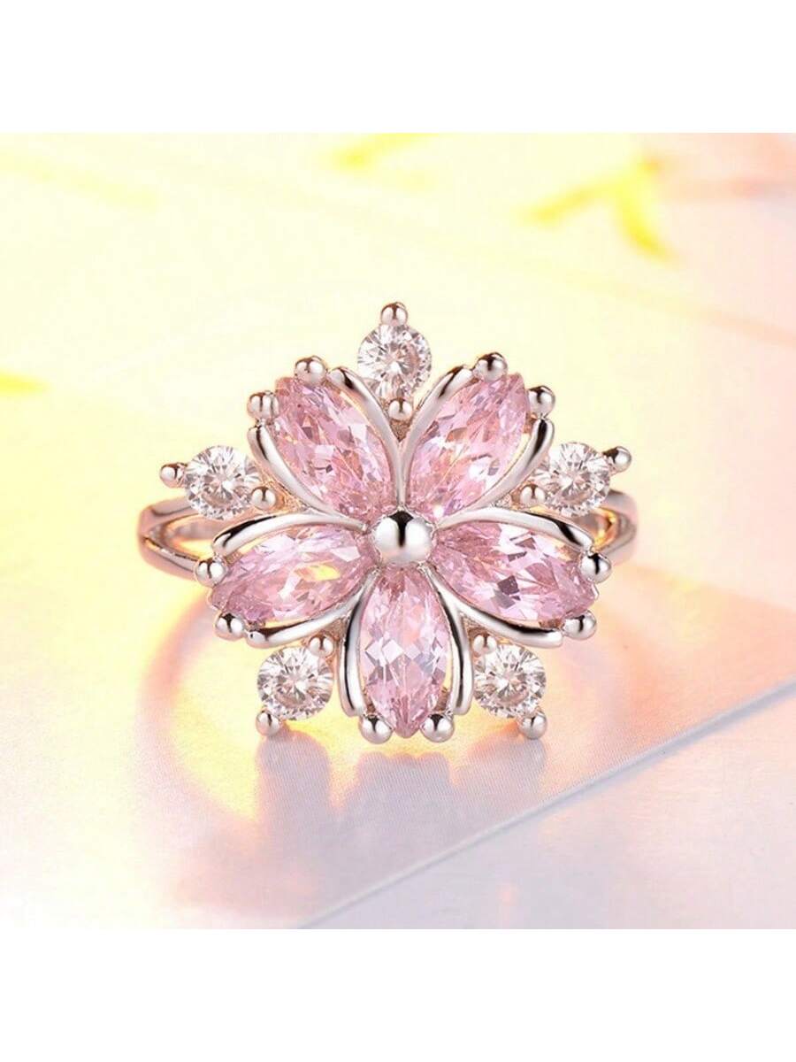 Romantic Pink Flower Design Zirconia Ring For Women, Engagement, Wedding Gift-Pink-1