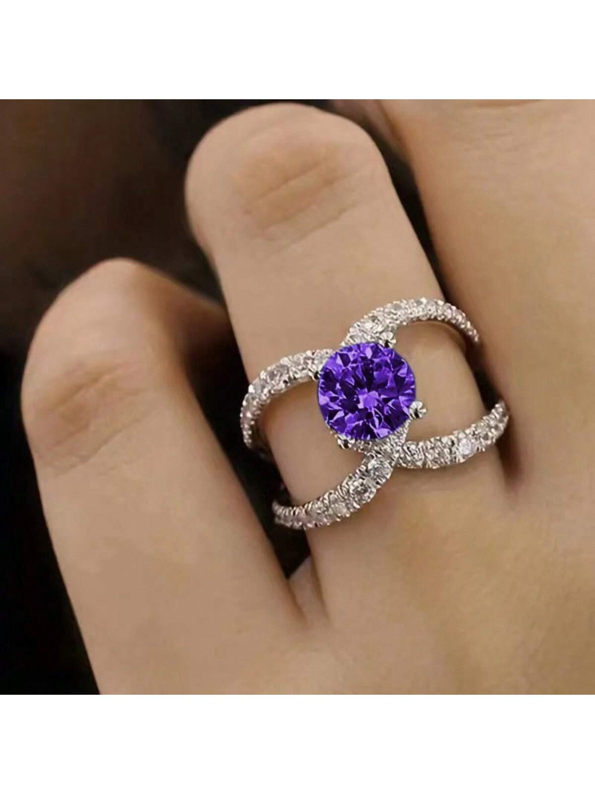 1pc Luxury Artificial Engagement & Wedding Ring, Multicolor-Purple-1