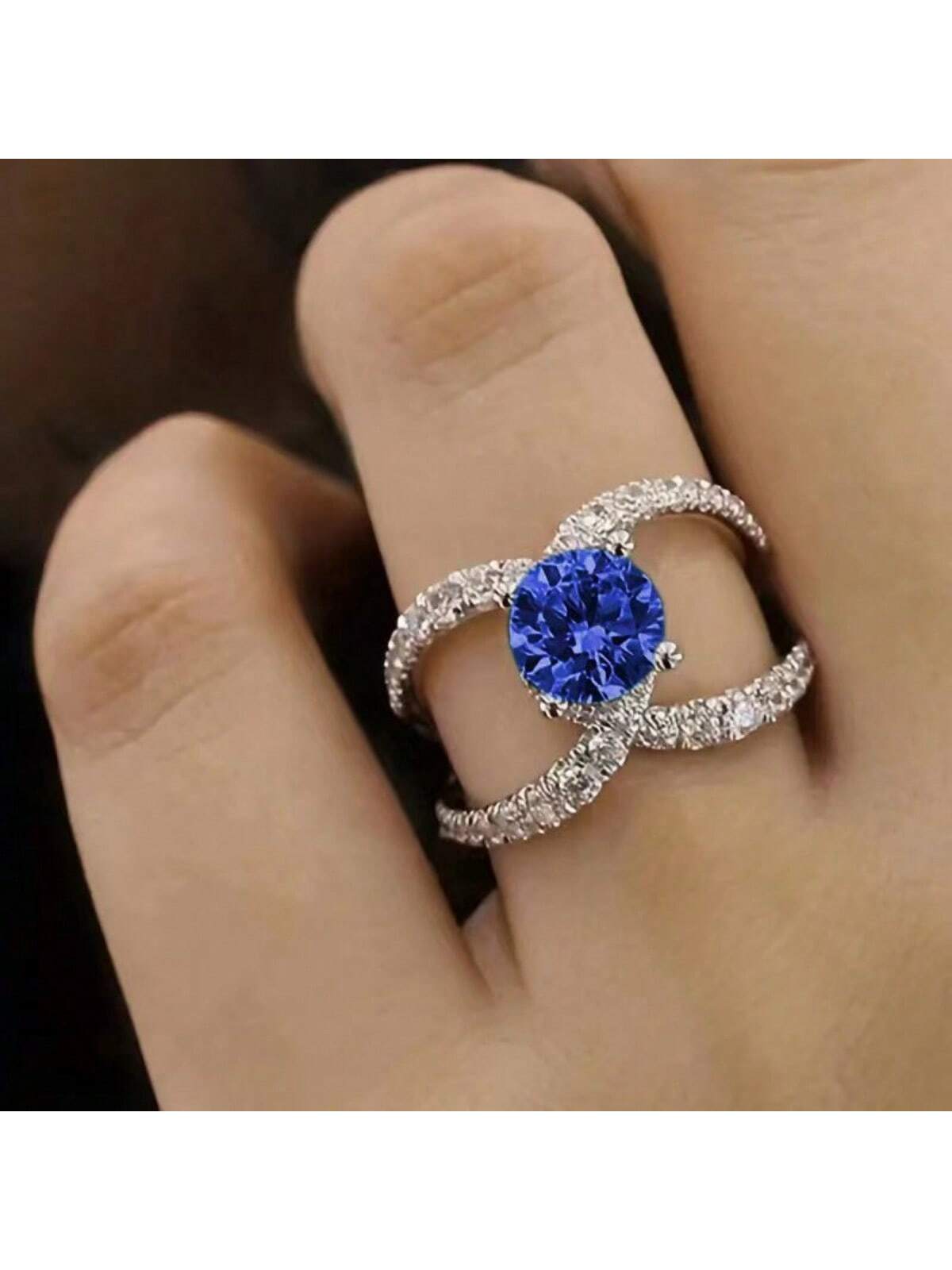 1pc Elegant Artificial Cubic Zirconia Engagement/Wedding Ring, Multicolor Options-Royal Blue-1