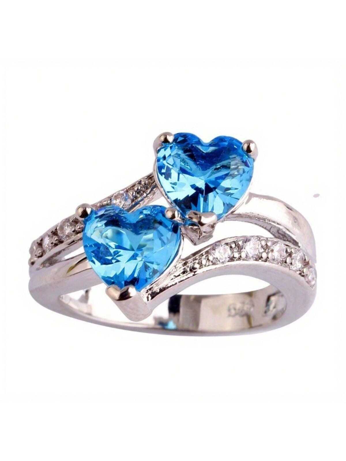 1pc Fashion Classic Double Heart & Zirconia Engagement Ring For Men & Women. Great For Anniversary, Birthday, Christmas, Party, Prom-Blue-1