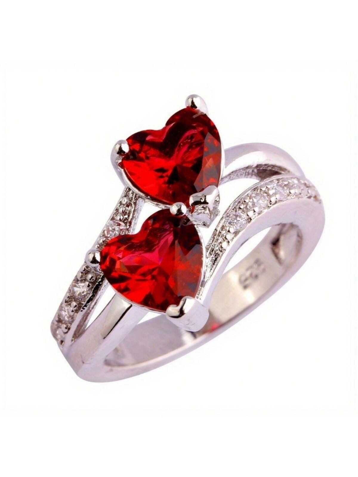 1pc Fashionable Classic Double Heart Shaped Cubic Zirconia Unisex Couple Engagement Ring, Great For Anniversary, Birthday, Christmas Gift, Party, Evening-Red-1