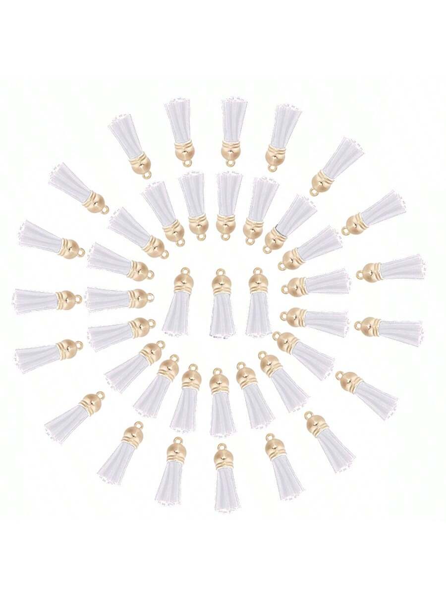 60pcs Keychain Tassels Leather Tassel Pendants With Golden Caps,Tassel Charm For Jew60pcs Making Keychain Bracelets Ring Crafts -60pcs(1-1/2 ) (White)-Gold Hat + White-1