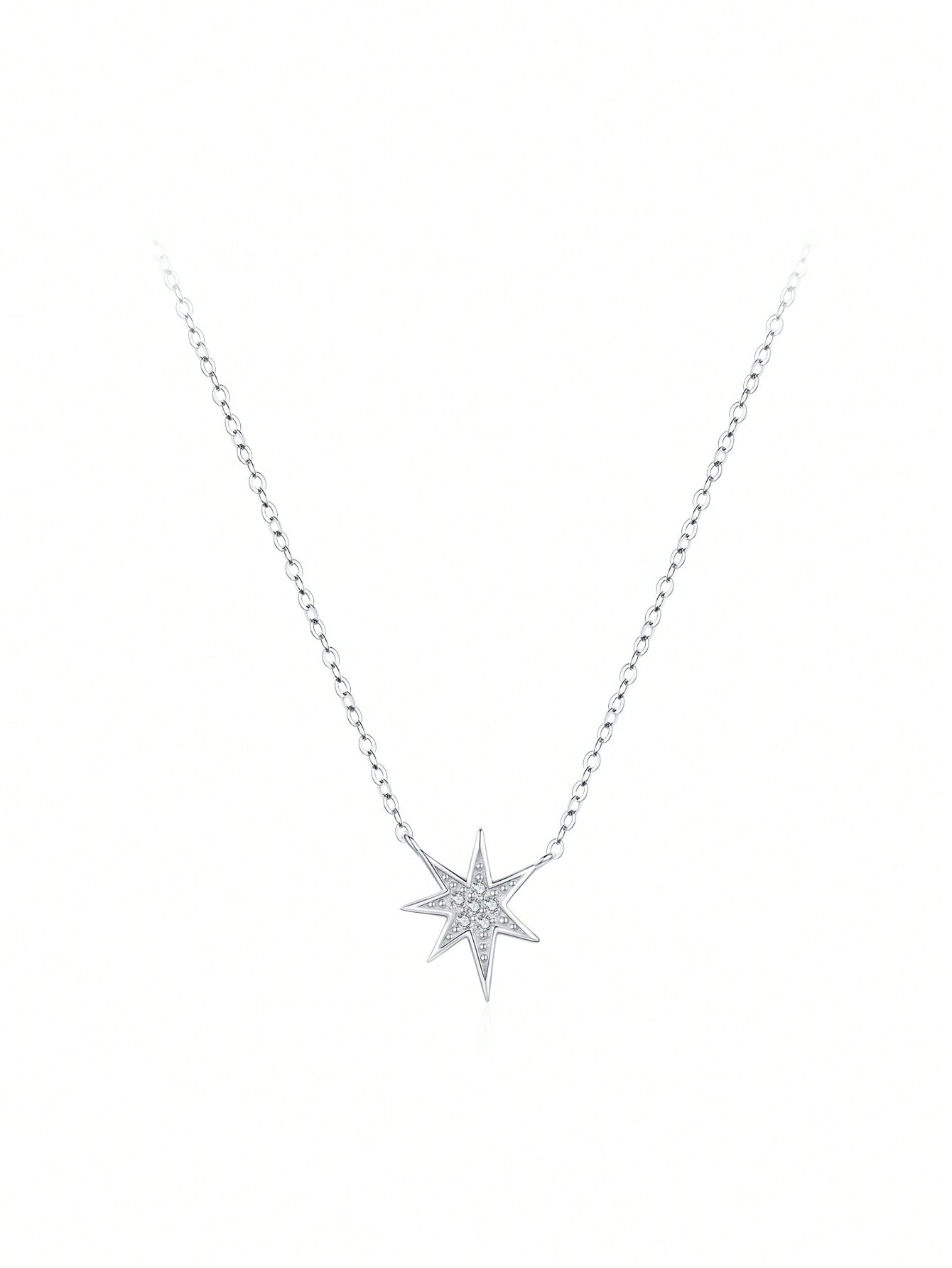 1pc Real 925 Sterling Silver Charm Star Shiny Cubic Zirconia Pendant Necklace For Women Engagement Anniversary Fine Jewelry-Silver-1