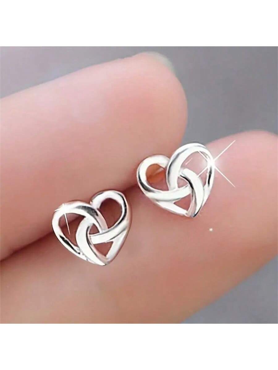 1 Pair Of Love Intertwined Earrings, Heart-Shaped Hollow Earrings, Simple Female Small And Cold Style Earrings-Silver-1