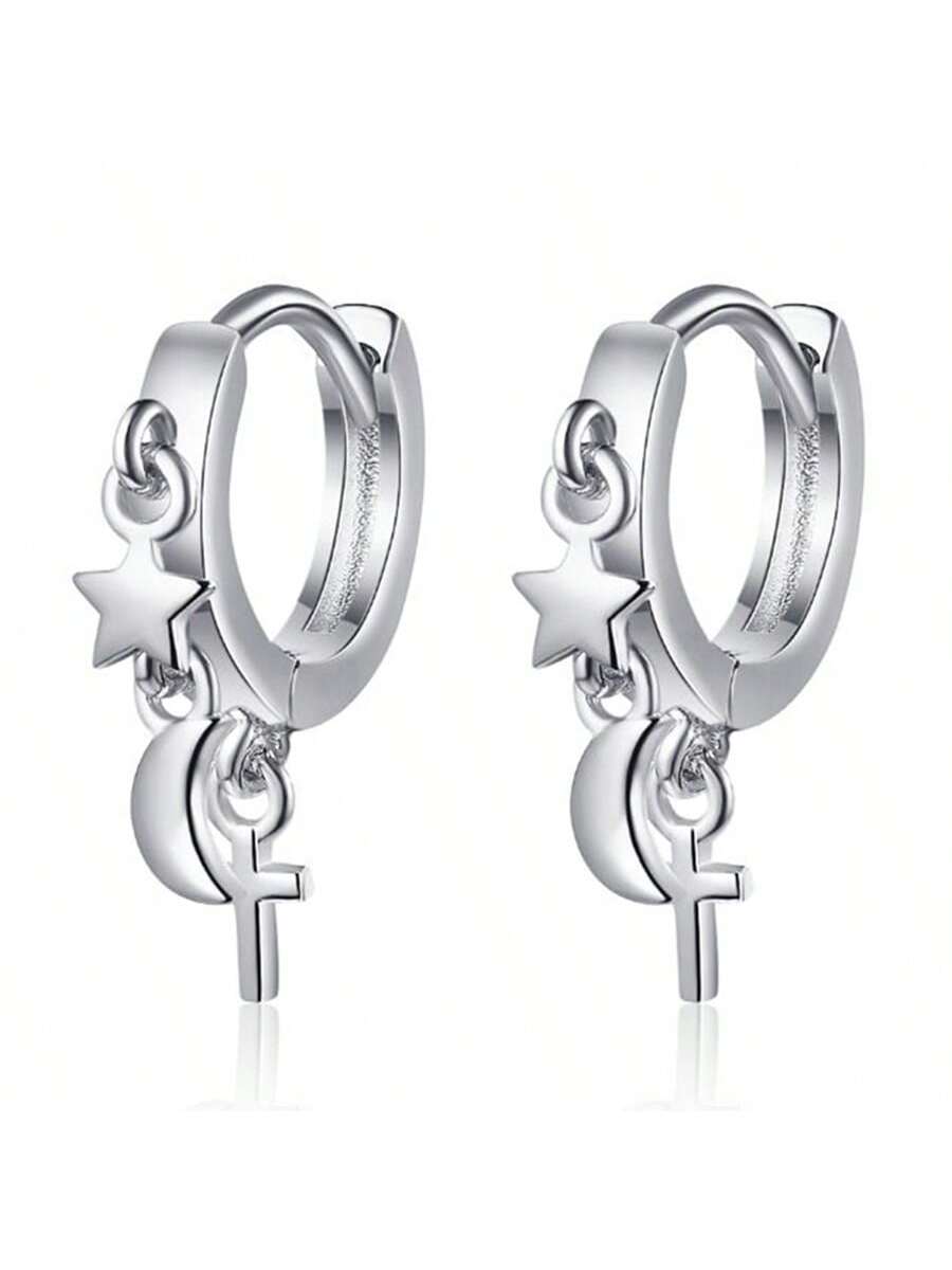 1pair Fashionable Delicate Cute Star & Moon Design Earrings For Women'S Daily Wear-Silver-1