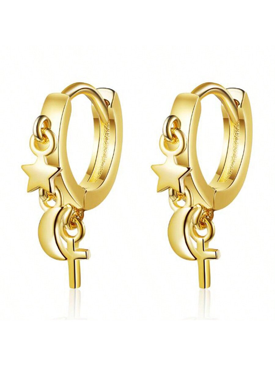 1pair Fashionable Delicate Star & Moon Shaped Stud Earrings, Suitable For Women'S Daily Wear-Yellow Gold-1