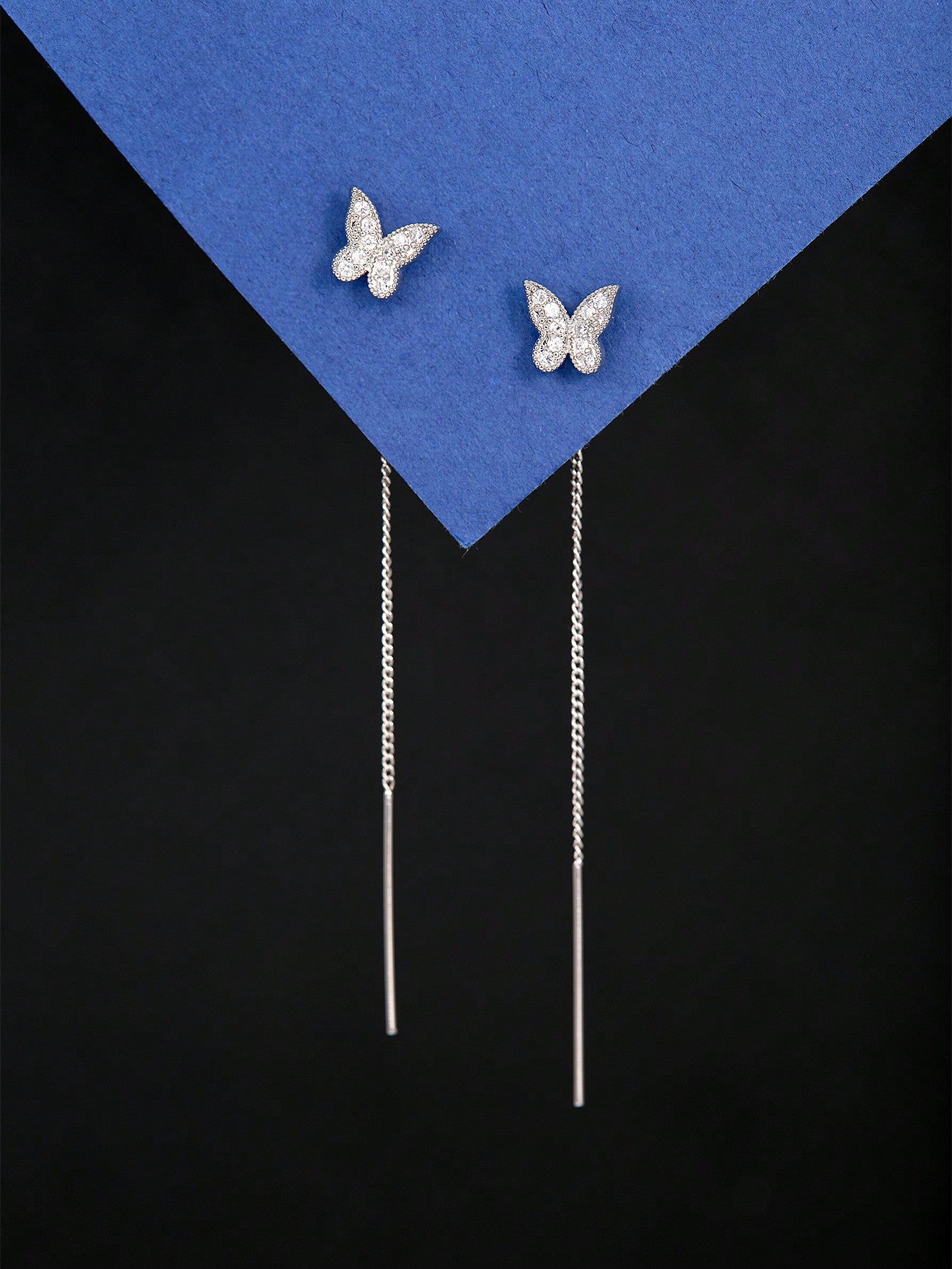 1pair Butterfly Shaped Copper Earrings With Sparkling Detail & Tassel Chain Design-Silver-1