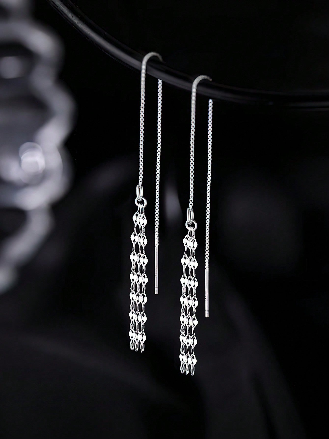 1 Pair S999 Sterling Silver Tassel Threader Earrings For Women, Simple & Stylish Cold Tone Fashion Jewelry-Silver-1