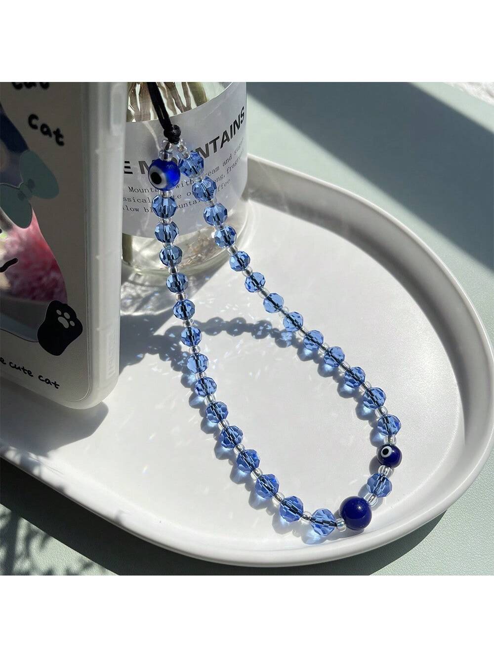 Blue Lapis Eye Decor Phone Lanyard With Faceted Crystal Beads-Apricot-1