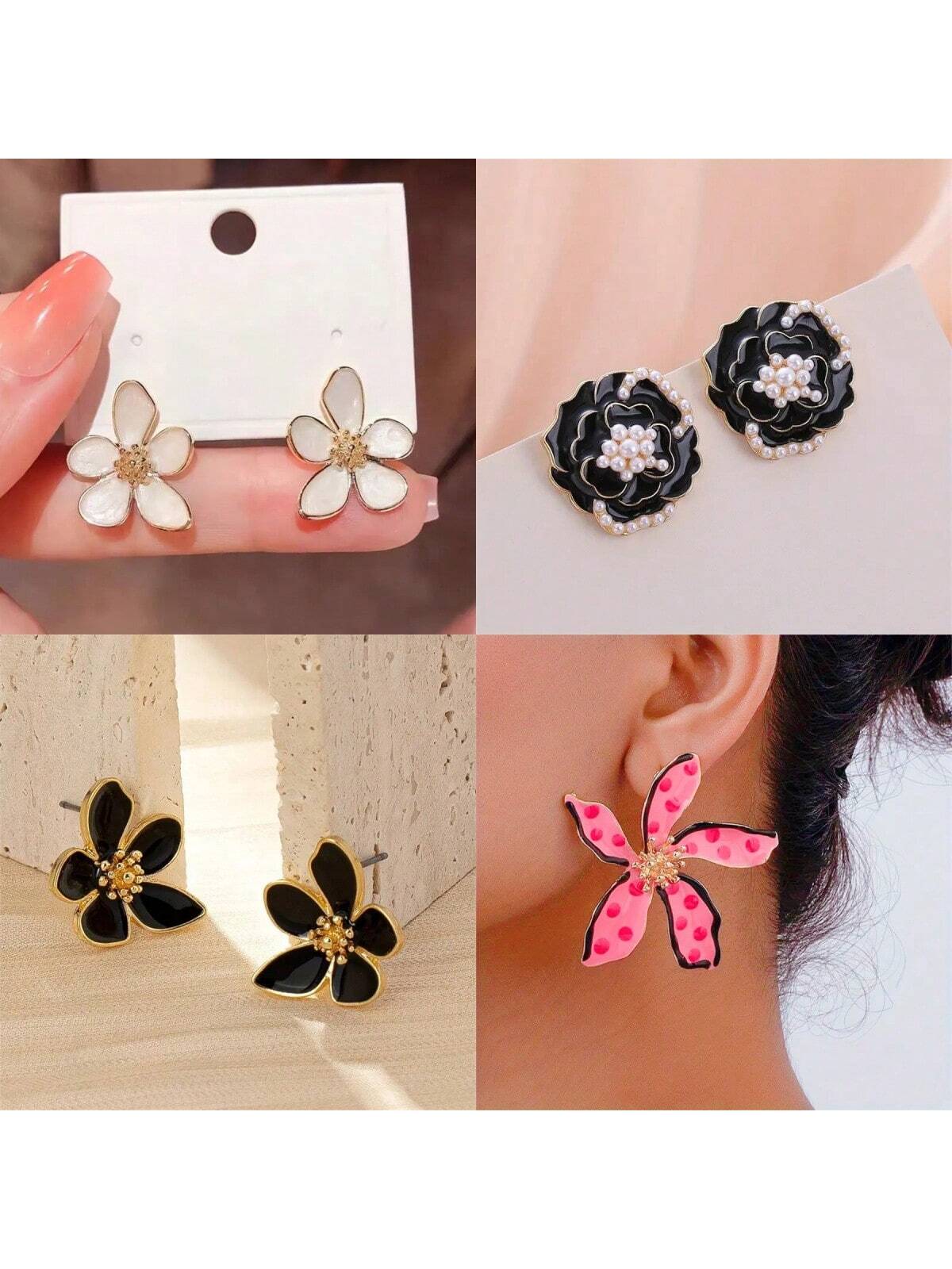 1 Pair Of European And American Fashion Pearl Drop Oil Flower Earrings Spring And Summer New Temperament Colorful Sweet Women'S Earrings--1