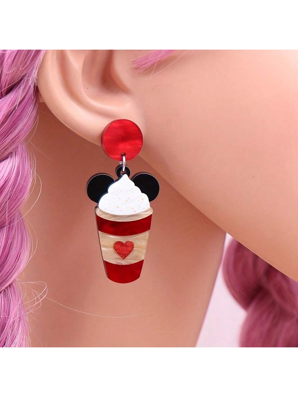 1pair Valentine'S Day Acrylic Ice Cream Cone & Bear Shaped Stud Earrings--1