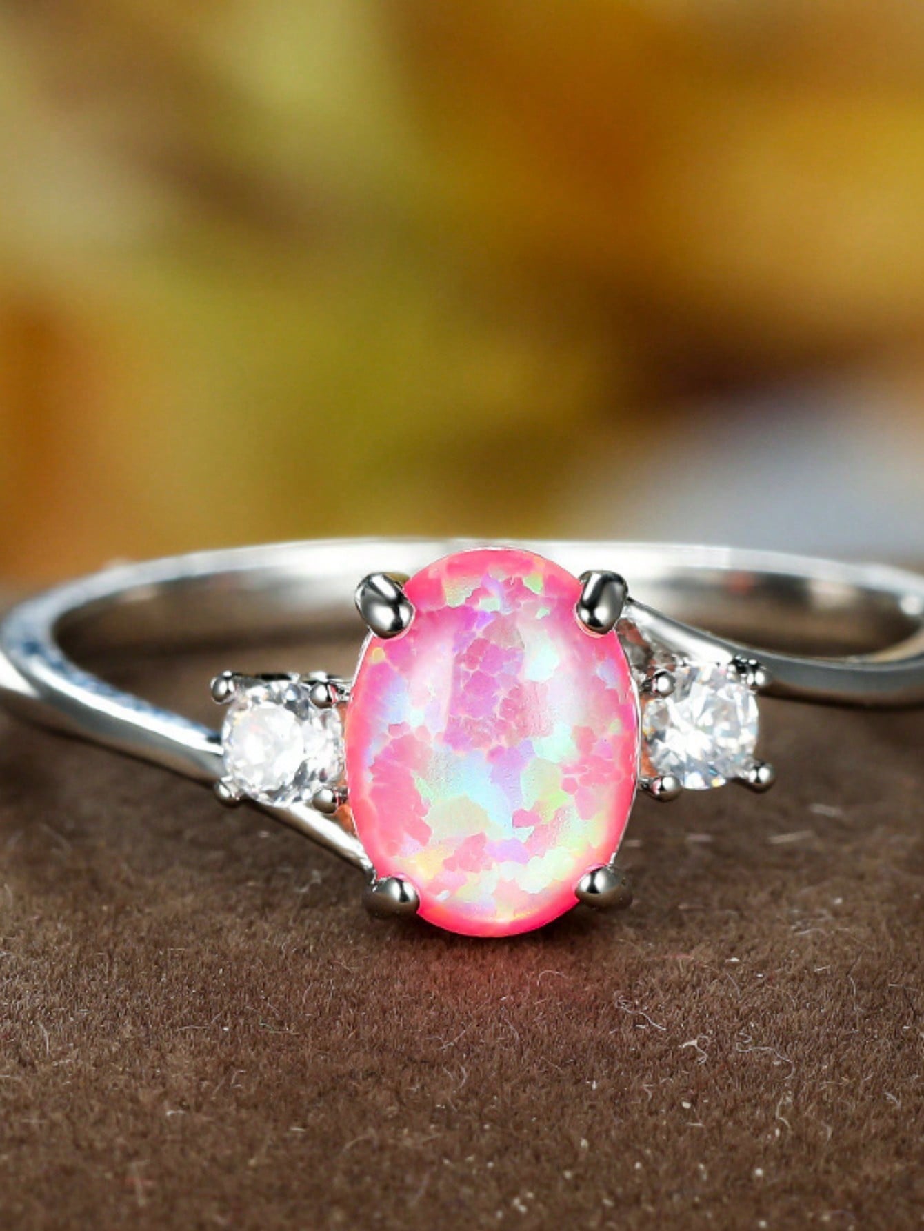 1pc Fashionable & Elegant Oval Opal Gemstone Ring For Women-Pink-1