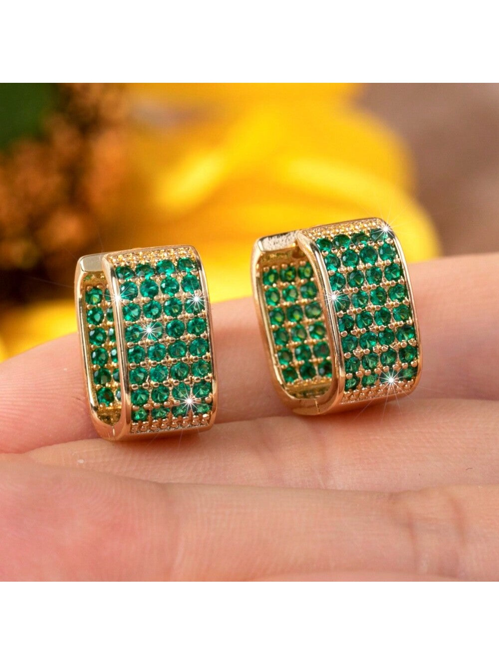 Dainty Paved CZ Hoop Earrings  Gold Plated Ear Jewelry Decoration For Women & Girls Daily Wear-Green-1