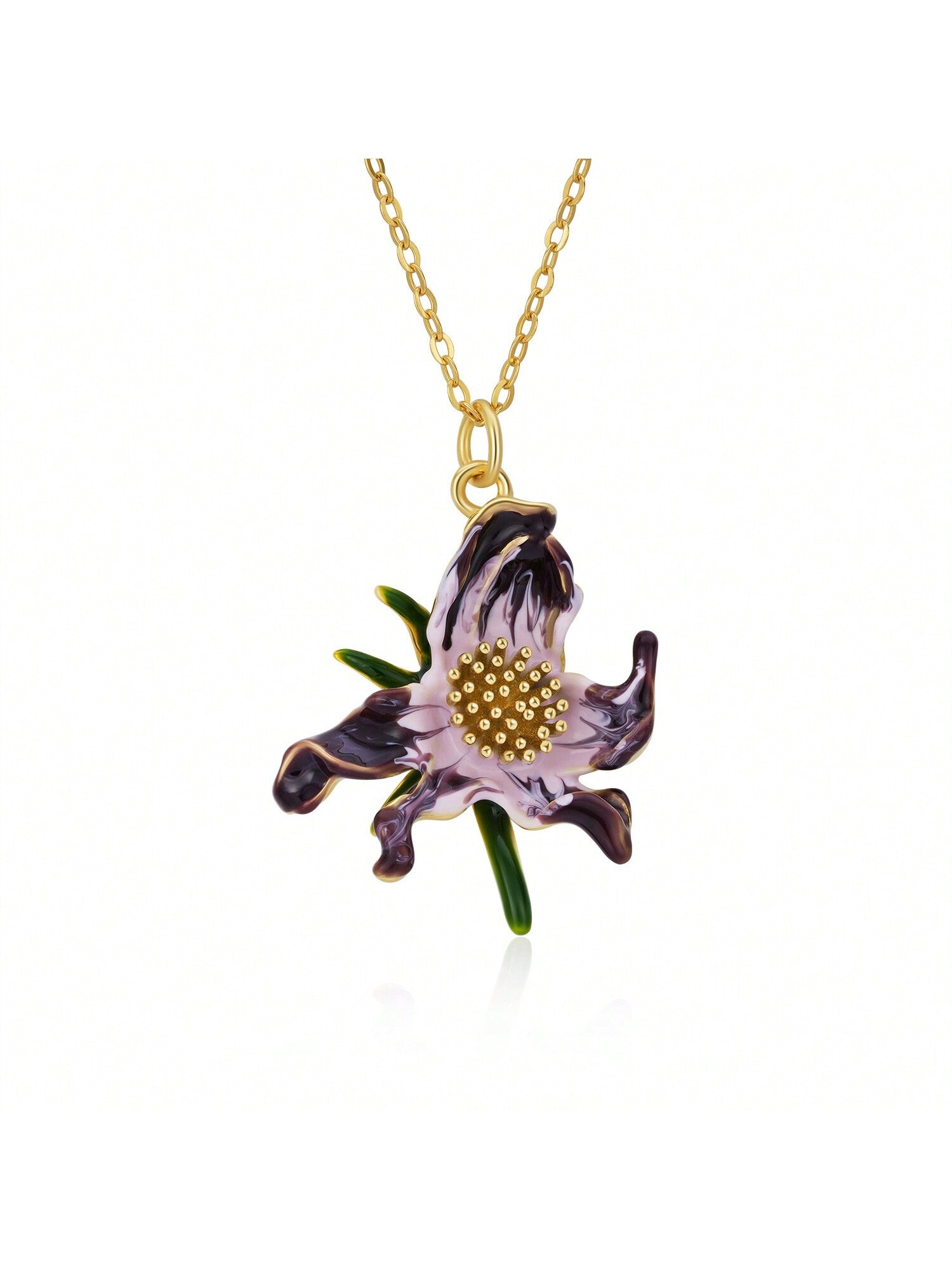 925 Sterling Silver Purple Lacquered Flower Pendant Necklace Electroplated 18k Gold Clavicle Chain Women'S Fashion Jewelry Suitable For Dates And Festivals-Purple-1