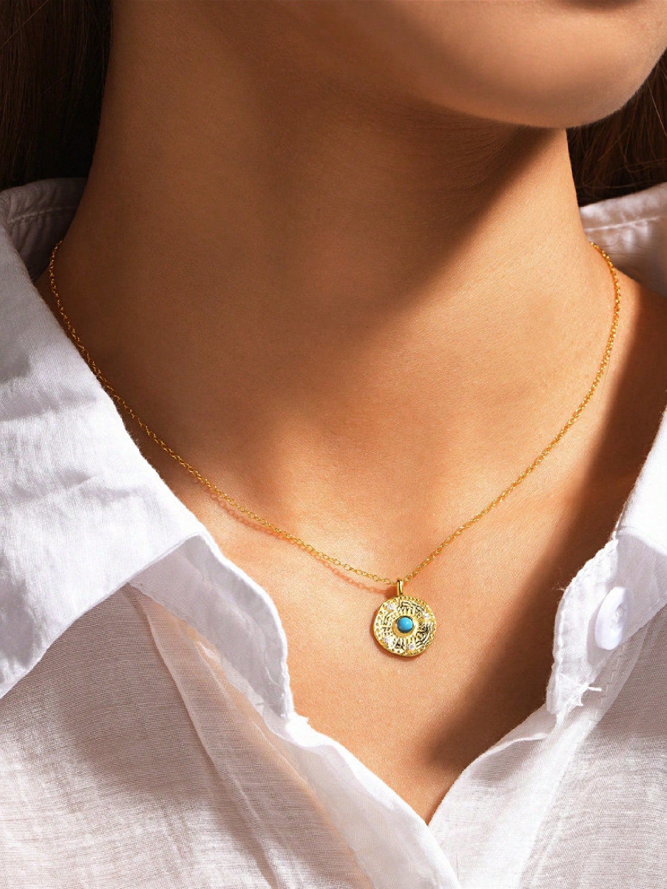 1PC 925 Sterling Silver Sunflower BohoTurquoise Necklace 18K Gold Plated Dainty Choker Pendant Jewelry Gifts For Women Daily Wear Wedding Party Engagement Anniversary Valentine'S Day-Gold-1