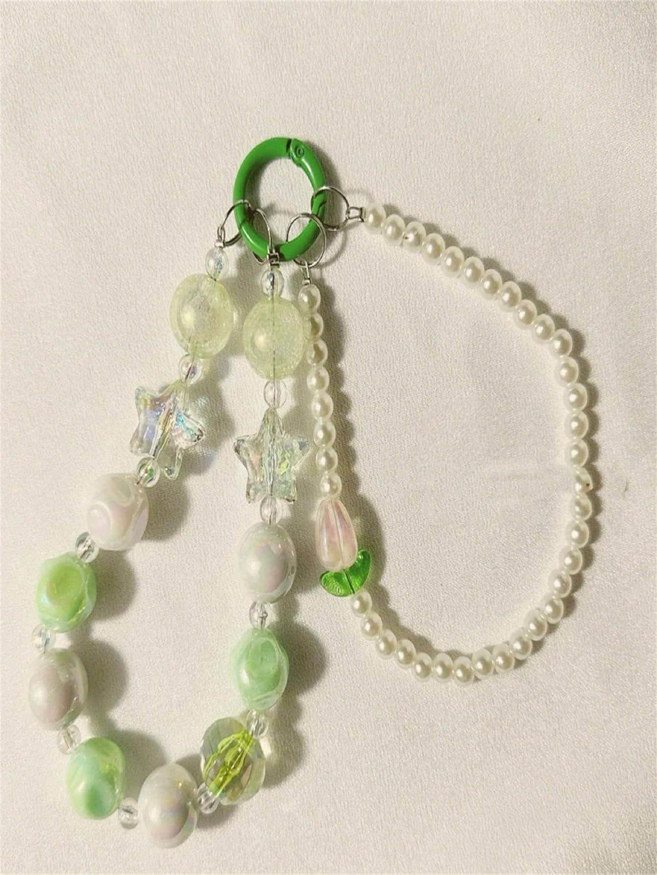 Creative Pendant Mobile Phone/Bag Rope With Diy Beaded Handmade Accessories, Irregular Candy-Colored Pearl Chain Bracelet With Star Pendant Buckle, Designed For Anti-Lost And Charming-Green-1