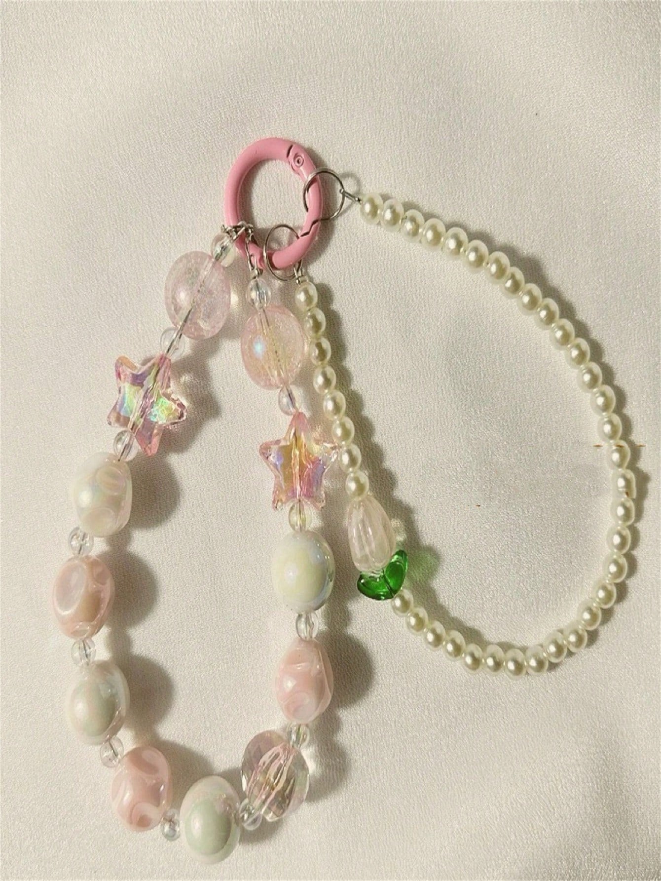 Creative Pendant Mobile Phone Bag Universal Hanging Rope Handmade Diy Anti-Lost Irregular Candy Colored Chain & Pearl Bracelet With Star Tassel Pendant And Buckle For Anti-Drop Wrist-Pink-1