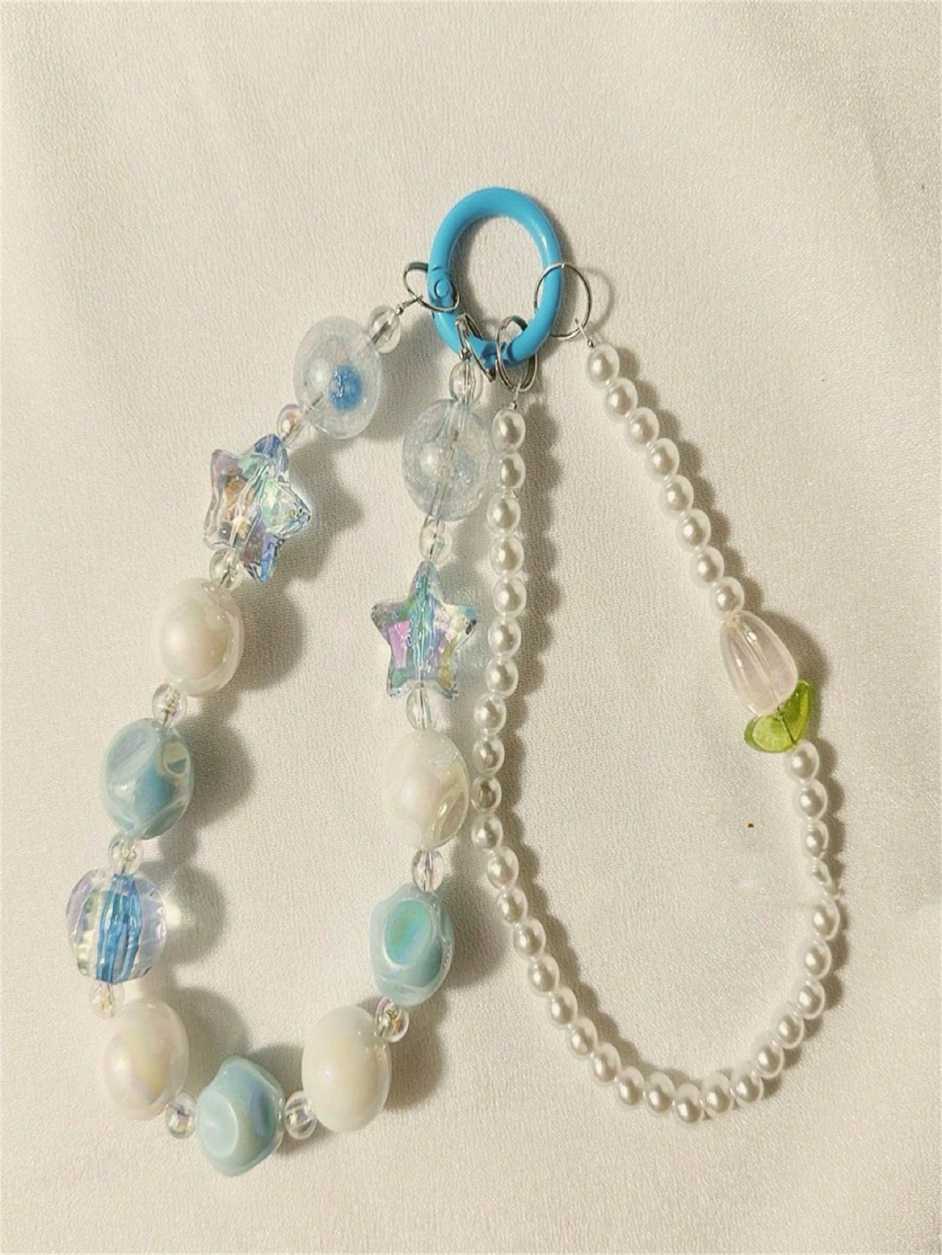 Creative Pendant For Mobile Phone And Purse, Universal Lanyard With Handmade Beaded Diy Accessory, Irregular Sweet Colored Chain & Pearl Bracelet Incorporating Star Pendant, Wrist Strap For Anti-Slip And Shock-Resistant-Blue-1