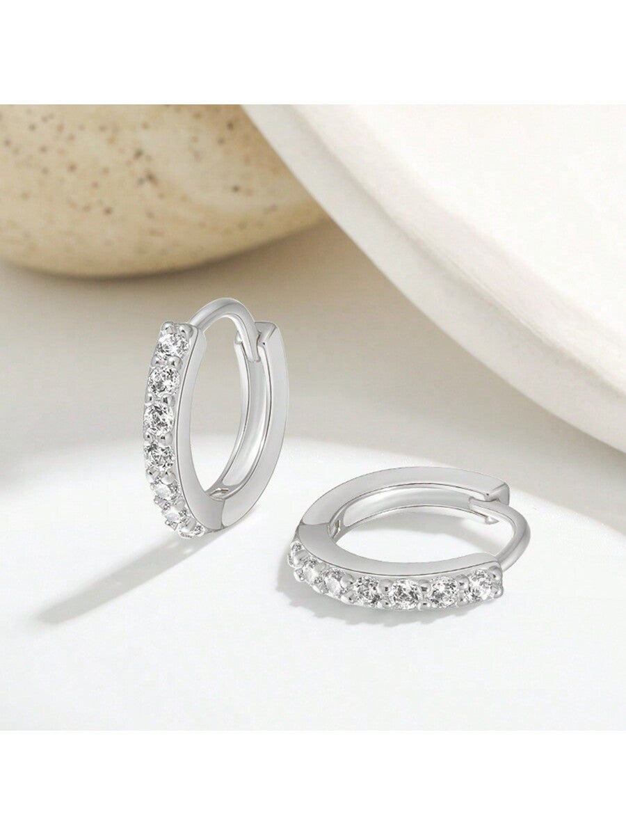 Versatile Earrings, Simple Round Earrings, European And American Fashion, Trendy Women's Sweet Diamond Single Row Hoop Earrings-Silver-1