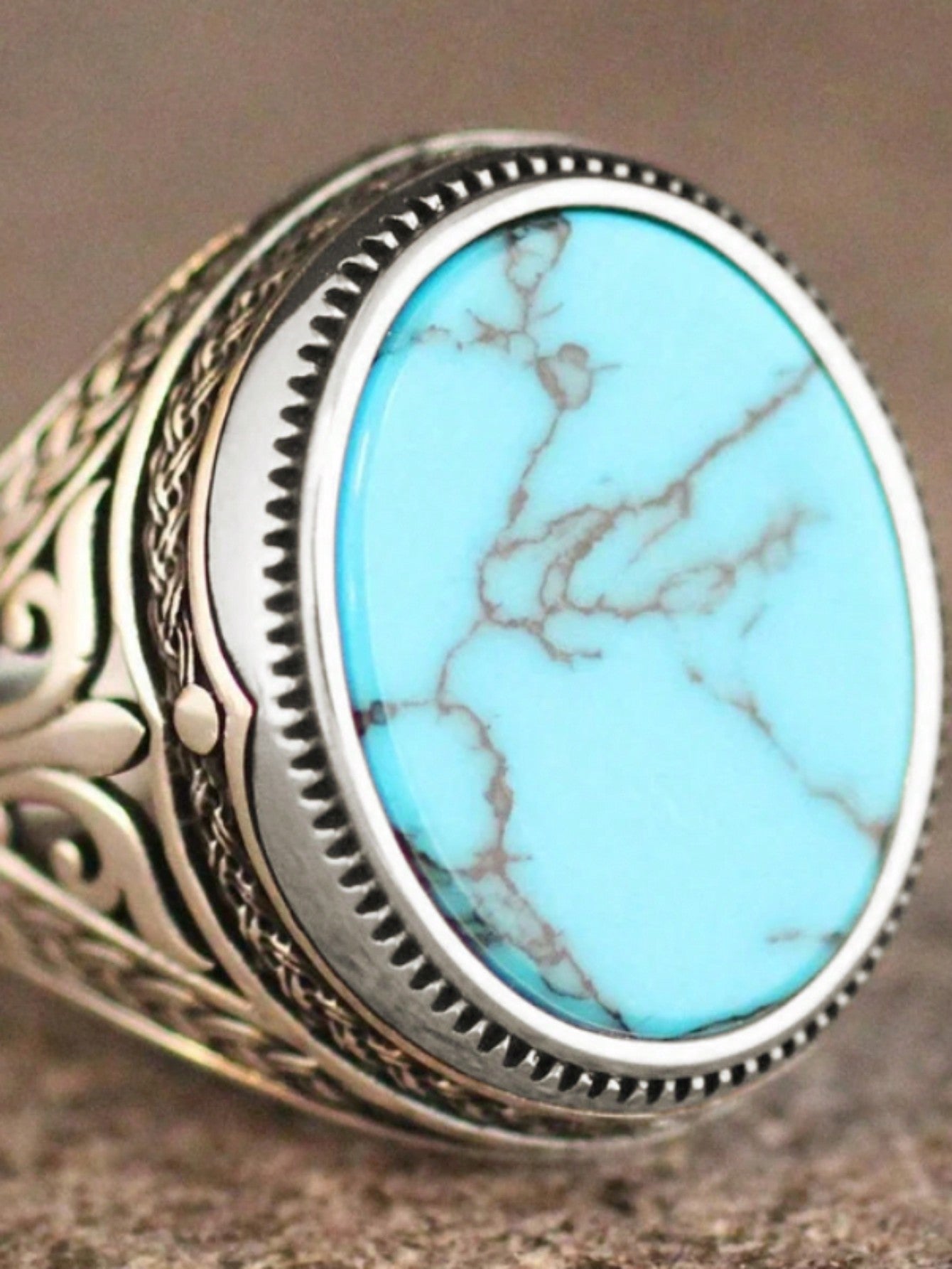 Vintage Ring Inlaid Turquoise In Egg Shape Retro Design On The Setting Match Daily Outfits Party Accessory  Luxury Jewelry-Silver-1