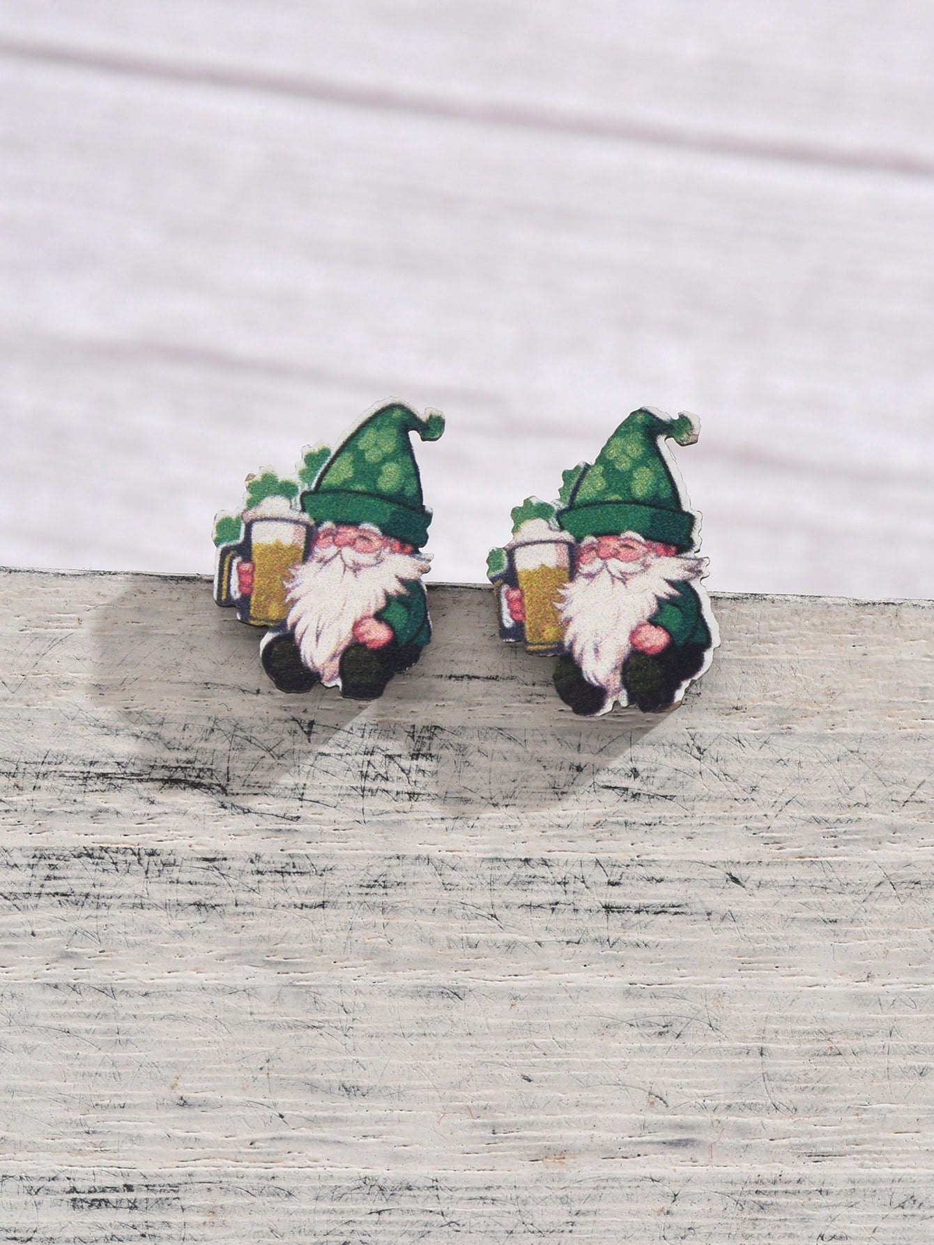 1pair Wooden Dwarf & Clover & St. Patrick'S Day Themed Stud Earrings For Women, Creative And Versatile Jewelry, Party & Festival Gift--1