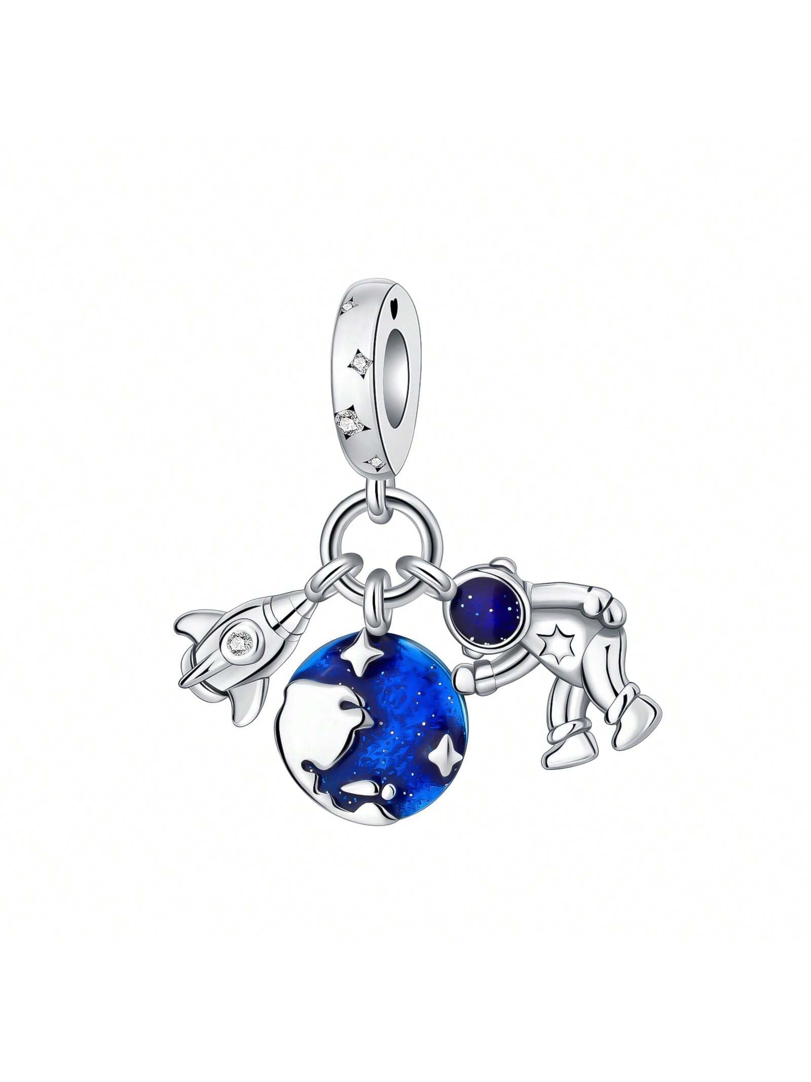 Silver Plated Charm Astronaut Rocket Earth Star Diamond Blue Pendant Charm Pendant Ball Suitable For Bracelets DIY Women's Jewelry-Silver-1