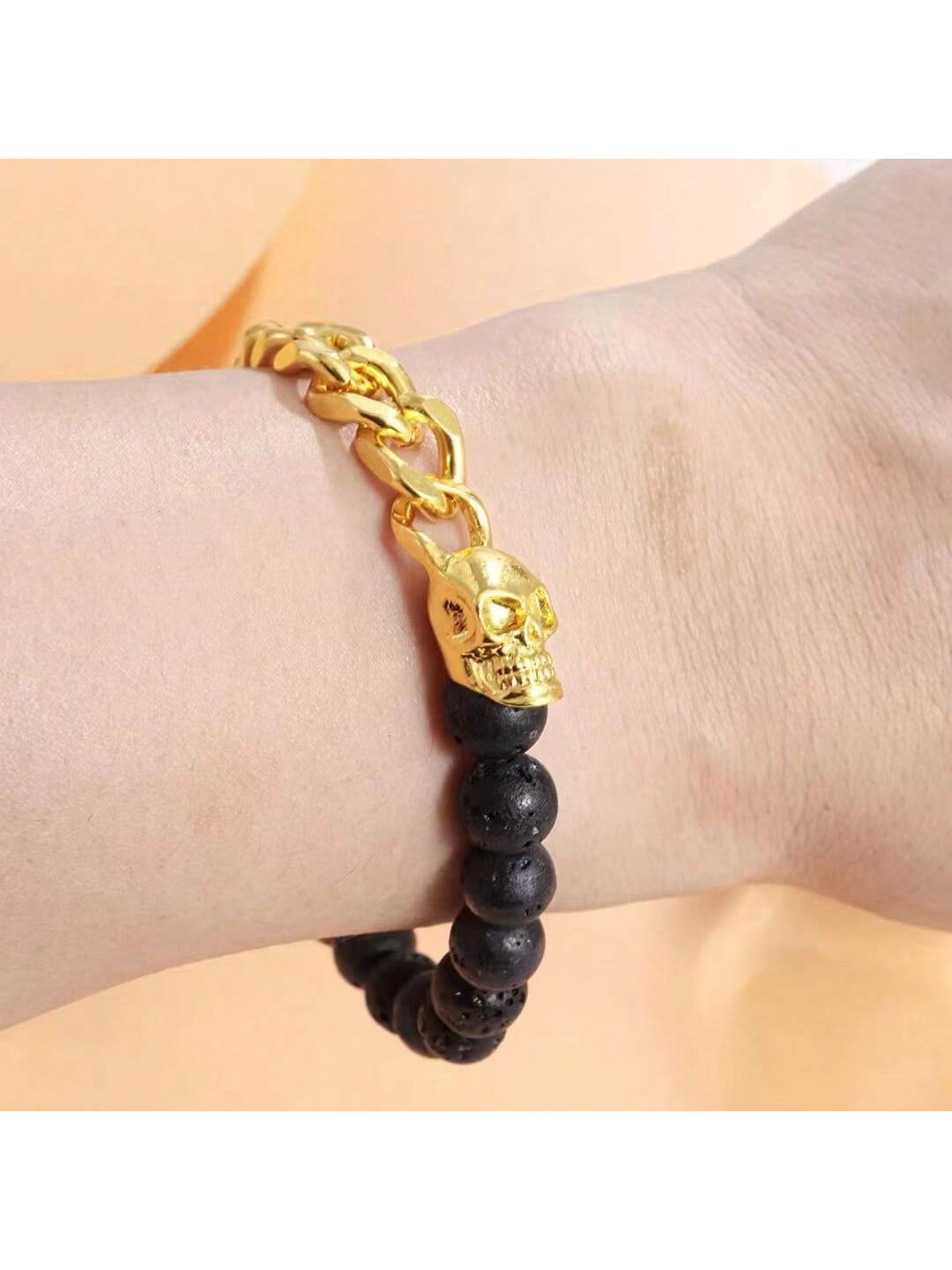 1pc Natural Stone Beaded Volcanic Lava Stone Elastic Bracelet With Woven Metal Skull Head Decoration For Boyfriend, Daily Wear-Yellow Gold-1