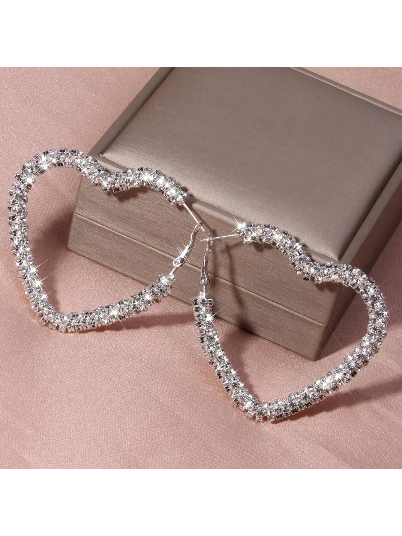 2pcs Luxury & Fashionable Geometric Shape & Heart Shaped Full Rhinestone Hoop Earrings For Wedding/Party-Silver-1