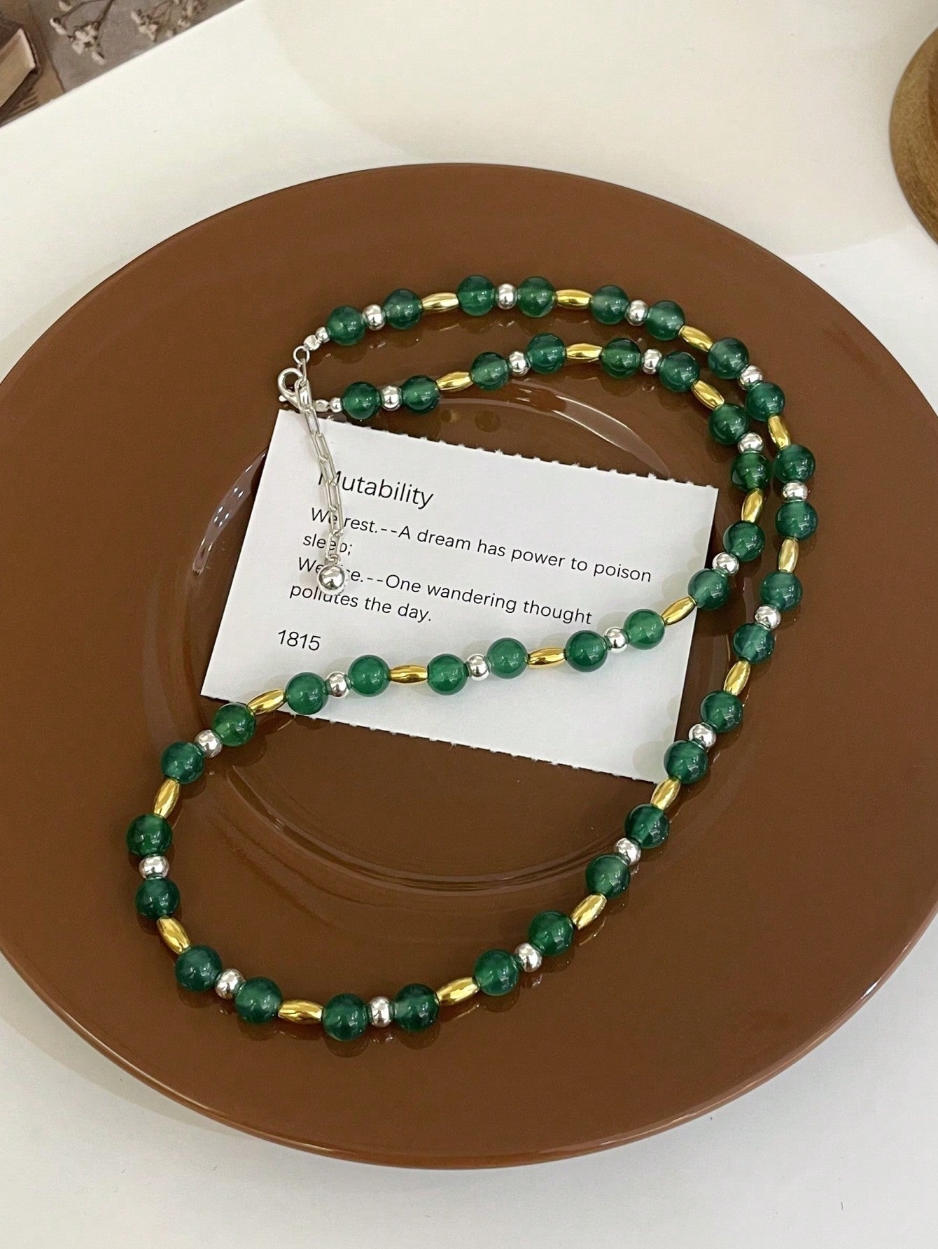 1pc Luxurious 925 Silver Green Jade & Agate Beaded Necklace, Vintage Choker Necklace With Adjustable Chain For Women's Party Wedding Wear-Yellow Gold-1