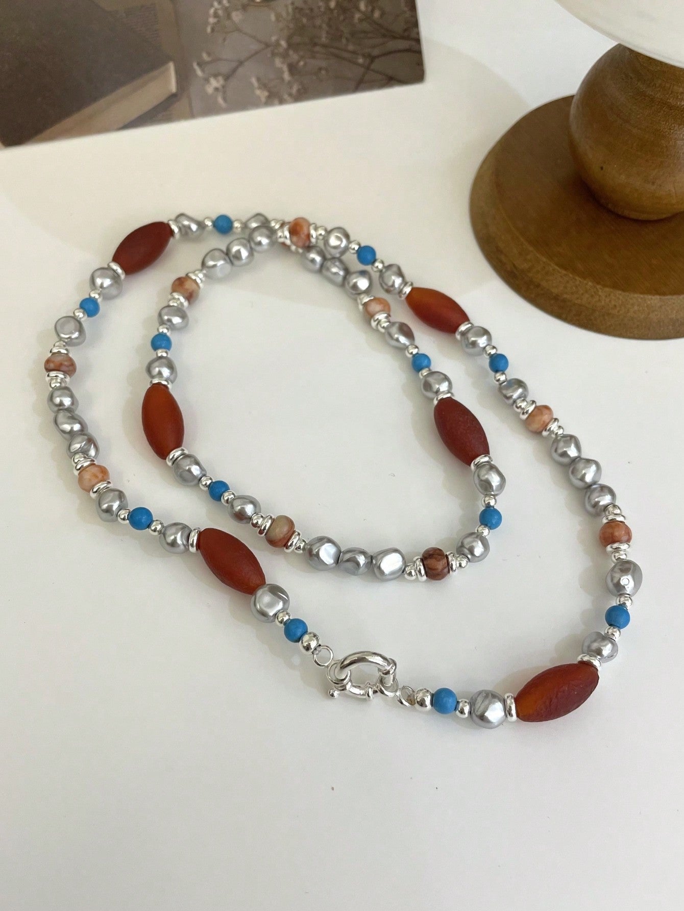 1 Set Of Vintage & Luxurious 925 Sterling Silver Baroque Grey Pearl & Natural Red Agate Beaded Sweater Chain, Color Clashing, Handmade, Multi-Functional, Multiple Wearing Ways, Fashionable & Versatile, Suitable For Daily Party And Gifting. Comes-Multicolor-1