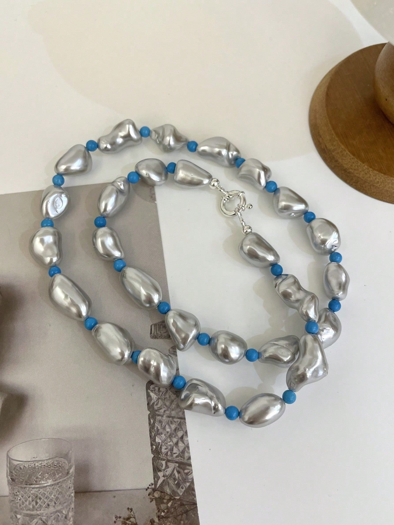 1pc Vintage And Luxury 925 Silver Baroque Grey Pearl & Turquoise Beaded Necklace, Handmade, Multi-Functional, And Can Be Wear In Various Ways. It Is Personal And Trendy, Perfect To Wear For Daily Wear And Parties. Comes With A Gift Box, Which Is A-Multicolor-1