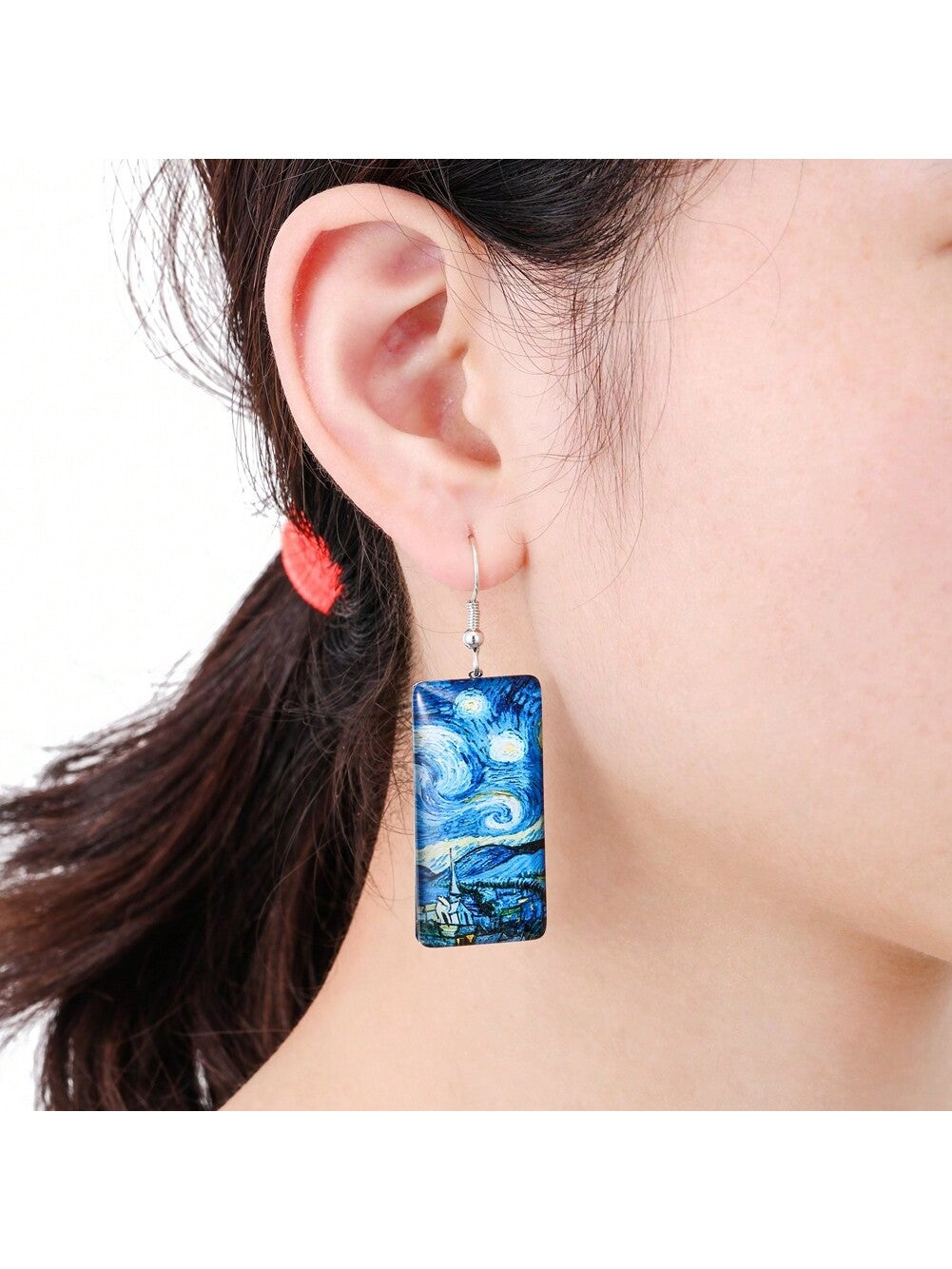 1pair Rectangle Pattern Combination Puzzle Earrings For Women-Blue-1