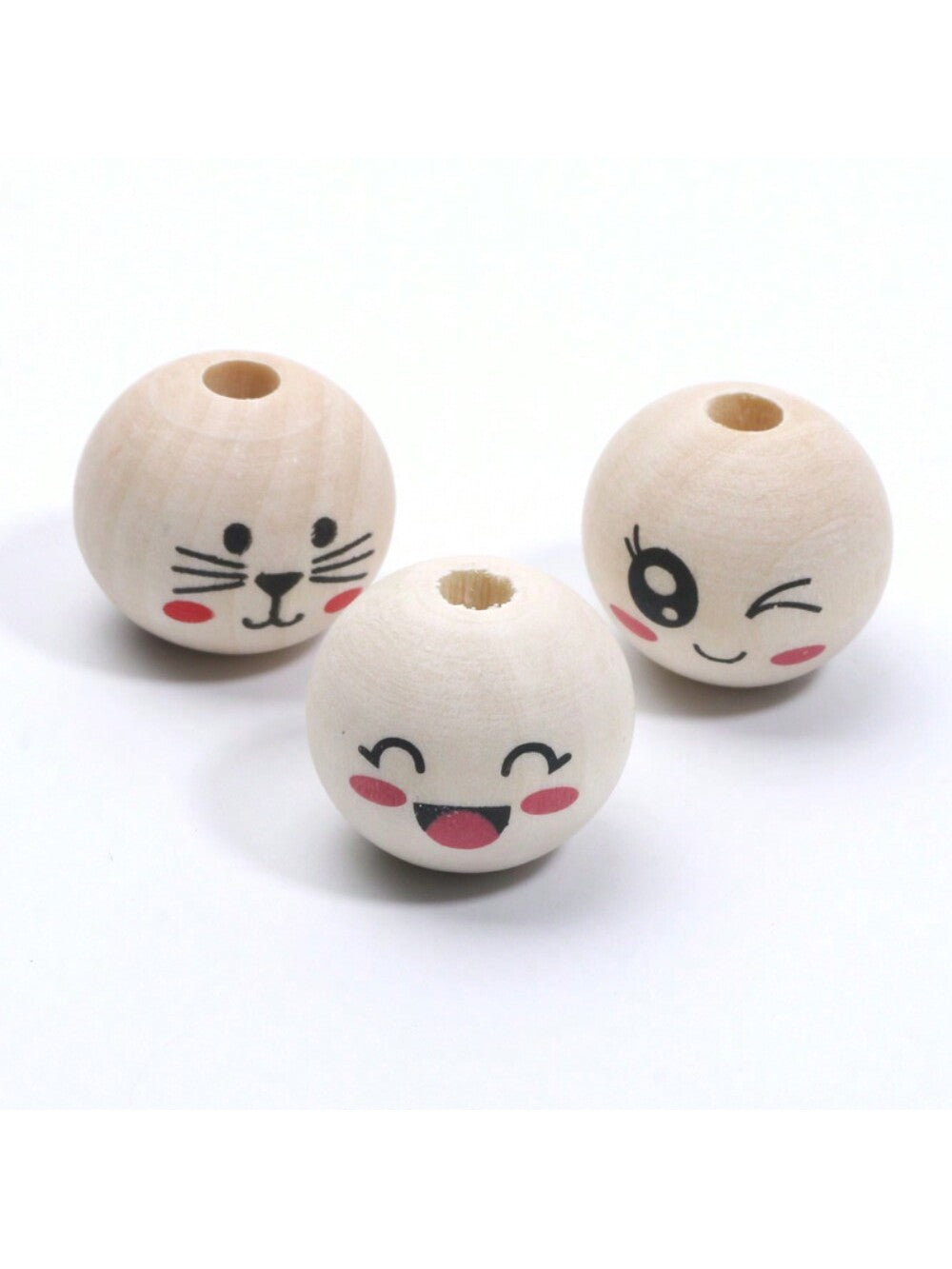 10pcs 20mm Natural Color Playful Cat Face Emoticon Round Wooden Beads For Diy Jewelry Making, Bracelets & Necklaces--1