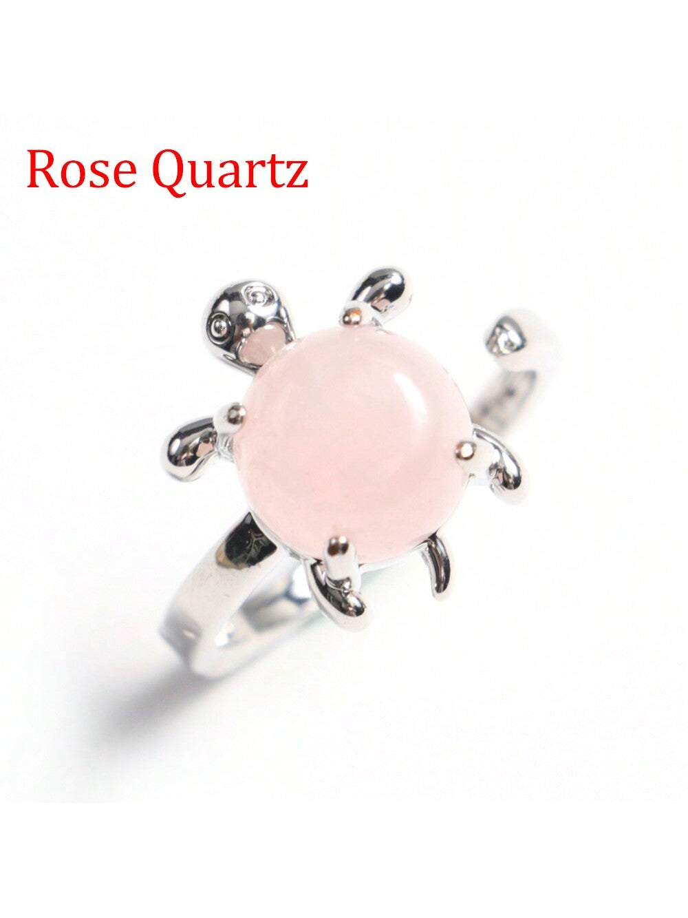 1 Natural Stone Turtle-Shaped Open Ring, White Crystal Florid Alabaster, Rhodolite Pink Crystal, Fashionable Women'S Adjustable Ring-Pink-1